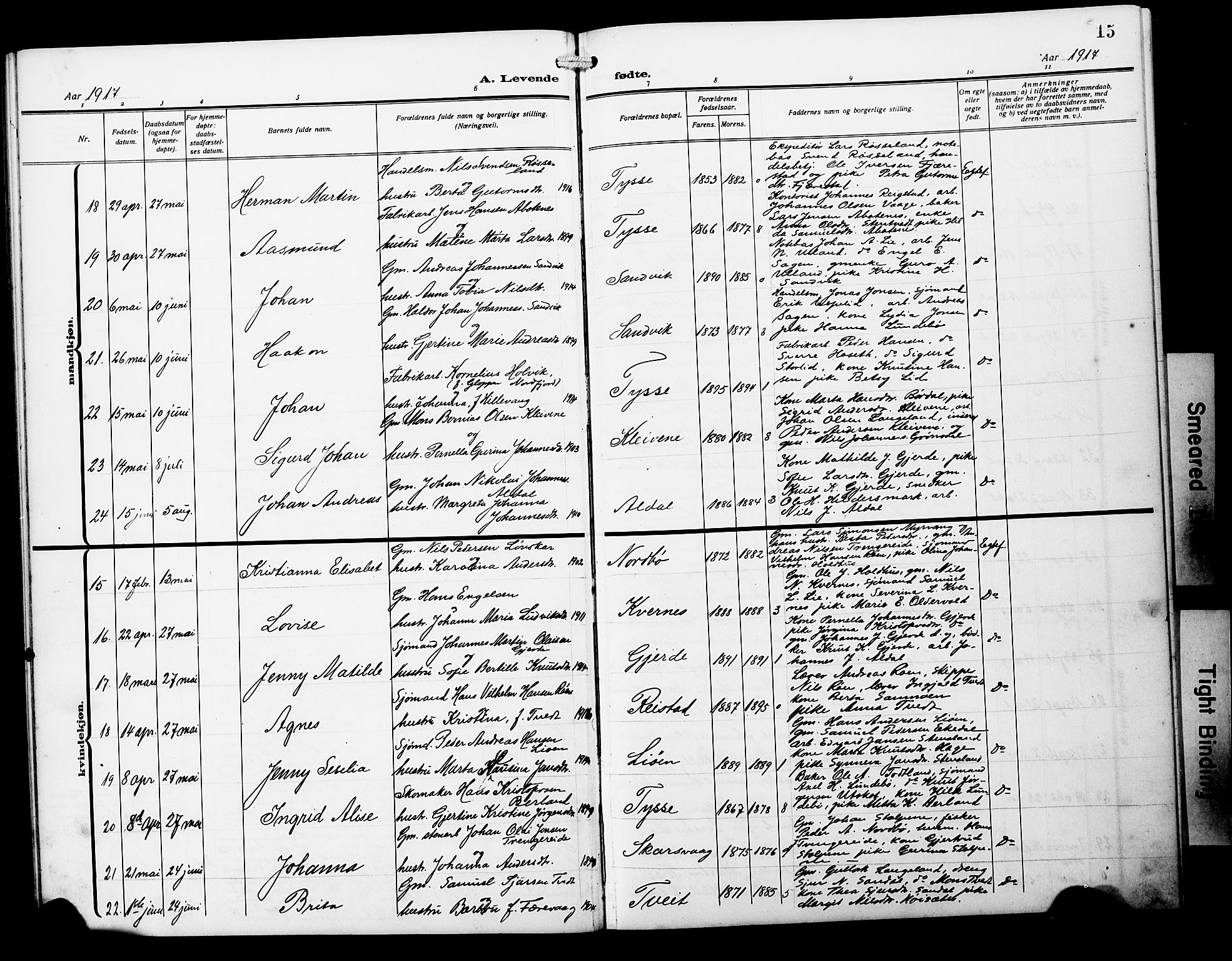 Samnanger Sokneprestembete, SAB/A-77501/H/Hab: Parish register (copy) no. A 4, 1914-1929, p. 15
