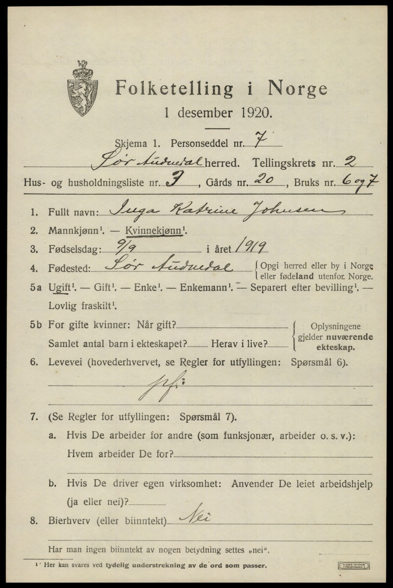 SAK, 1920 census for Sør-Audnedal, 1920, p. 1609