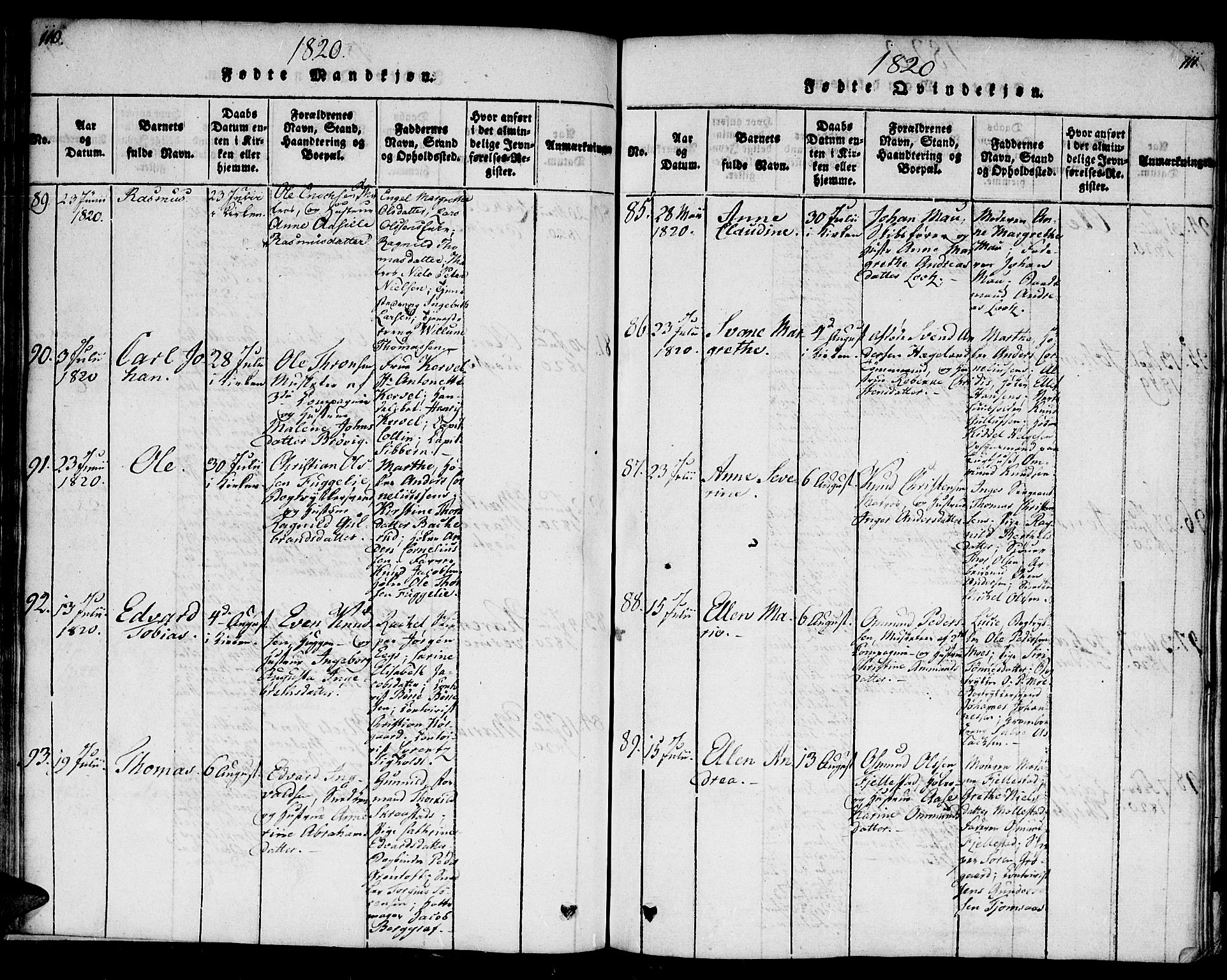 Kristiansand domprosti, SAK/1112-0006/F/Fb/L0001: Parish register (copy) no. B 1, 1818-1821, p. 110-111