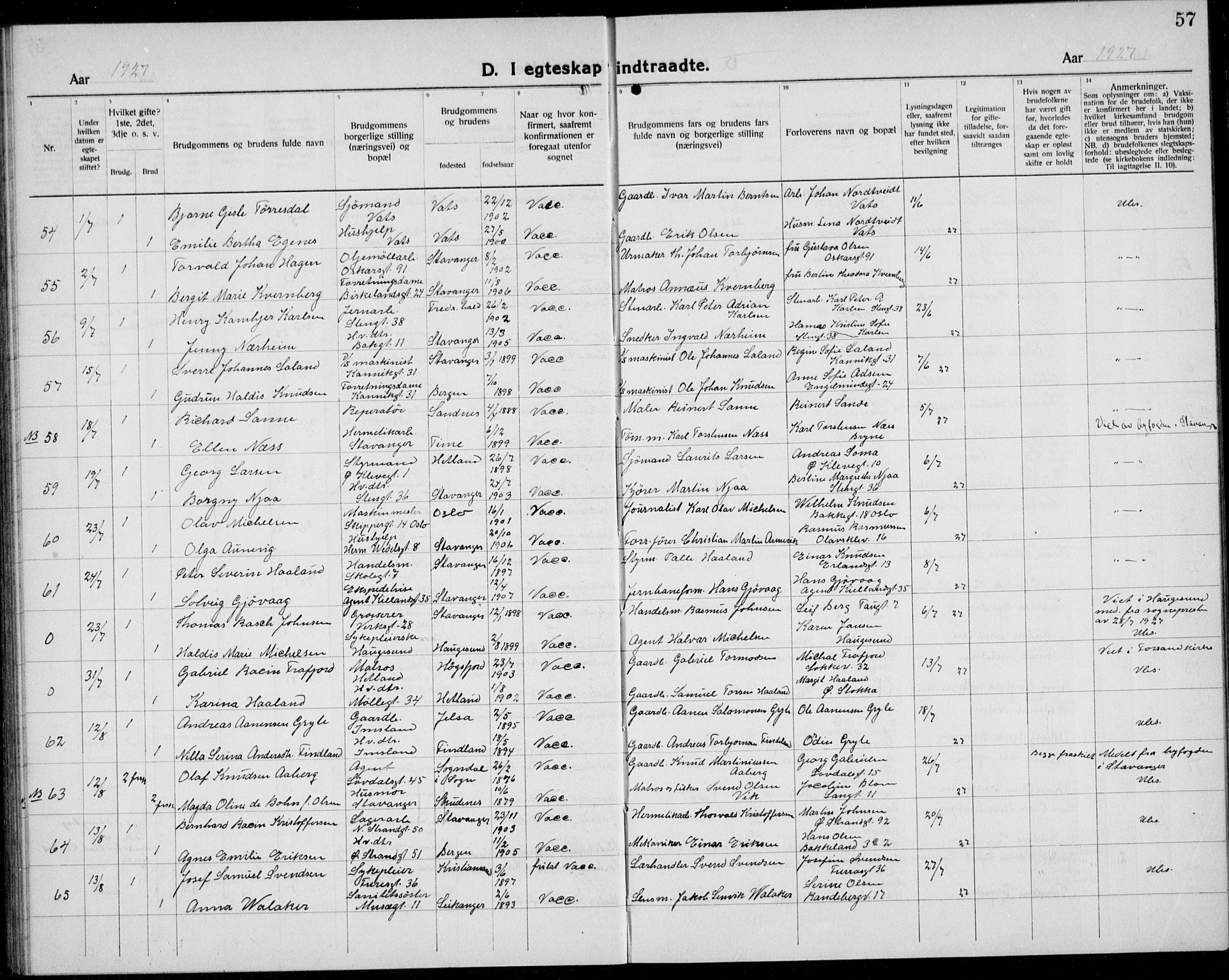 Domkirken sokneprestkontor, AV/SAST-A-101812/001/30/30BB/L0020: Parish register (copy) no. B 20, 1921-1937, p. 57
