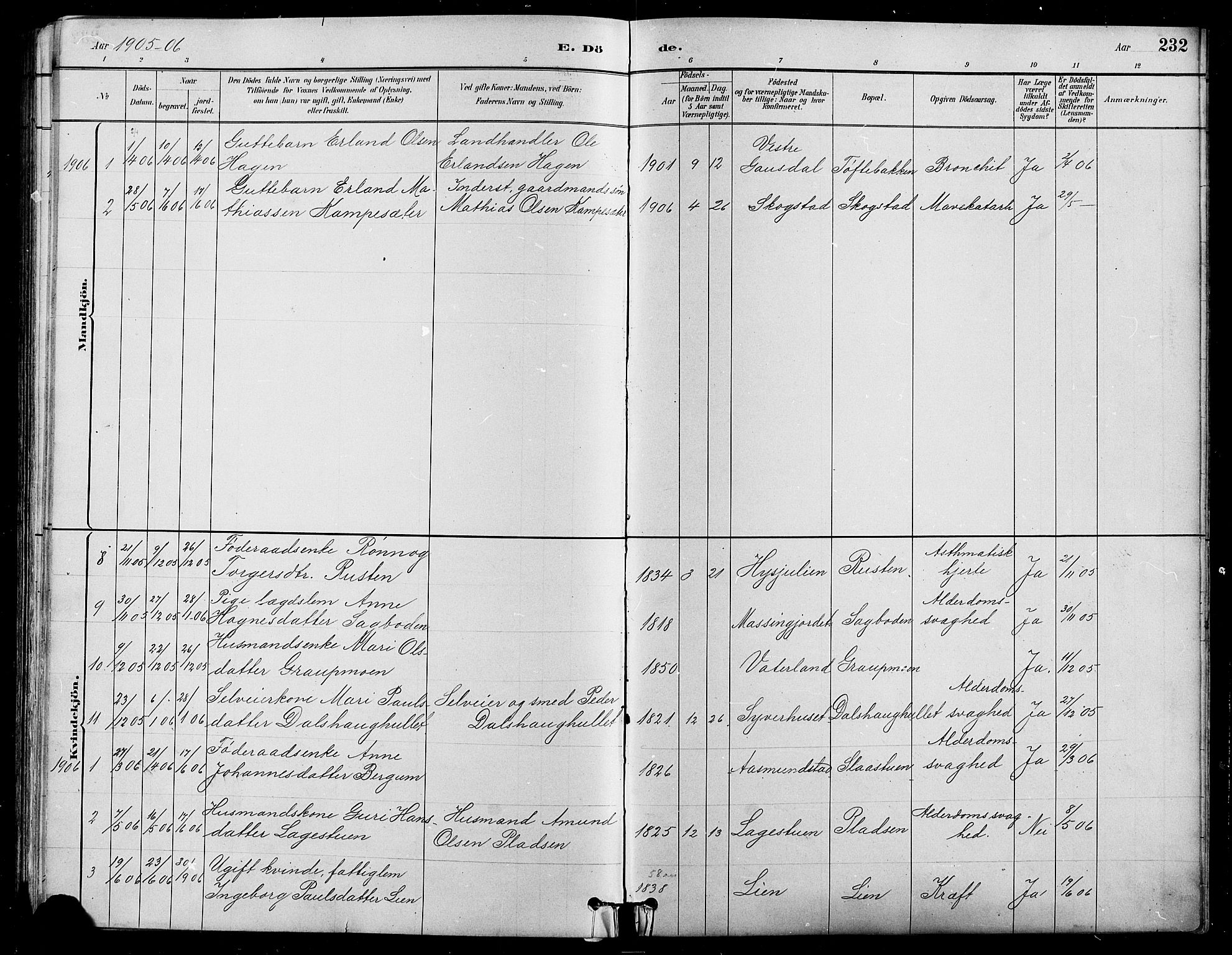 Nord-Fron prestekontor, SAH/PREST-080/H/Ha/Hab/L0005: Parish register (copy) no. 5, 1884-1914, p. 232