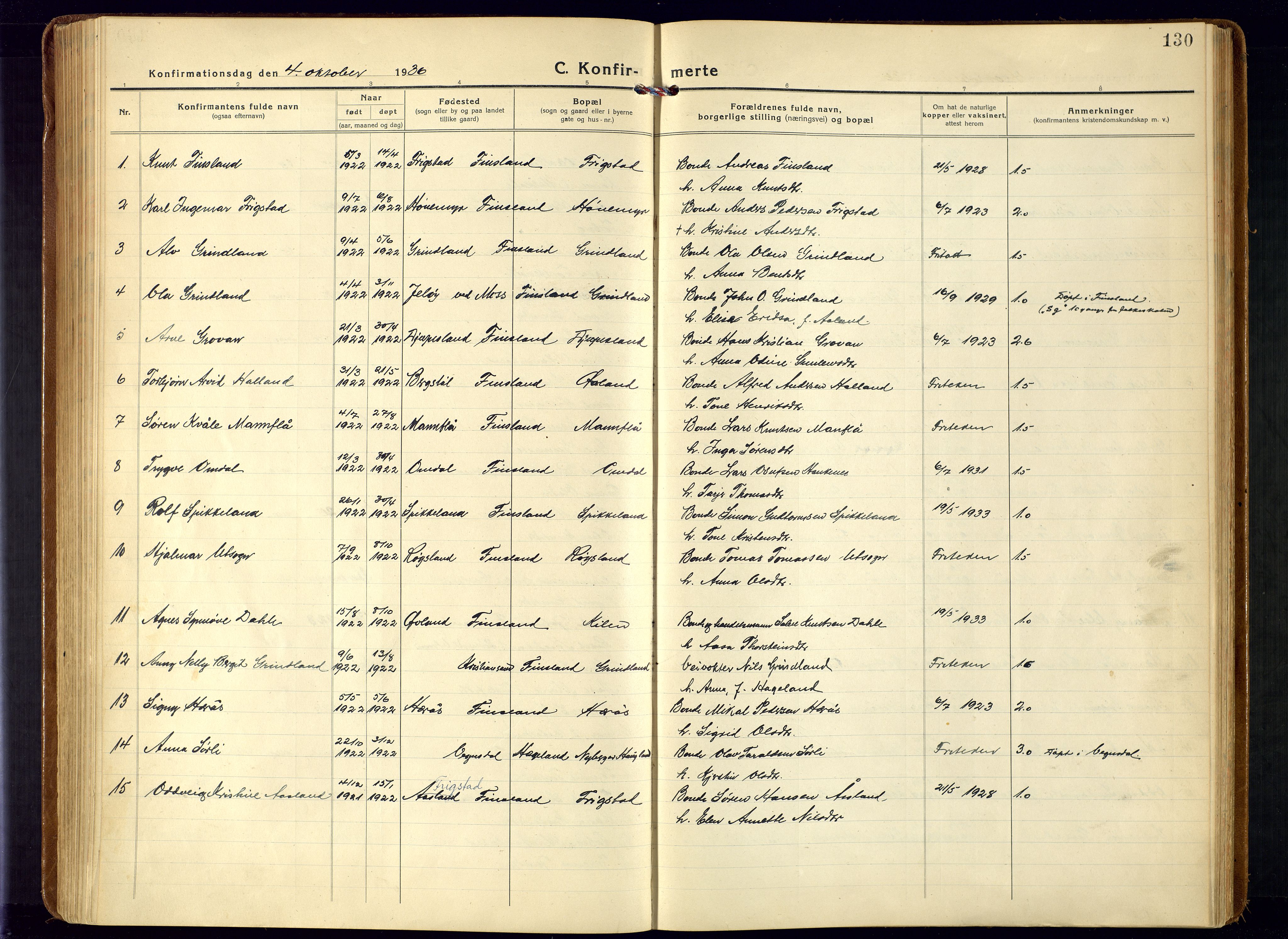 Bjelland sokneprestkontor, SAK/1111-0005/F/Fa/Fab/L0005: Parish register (official) no. A 5, 1921-1951, p. 130