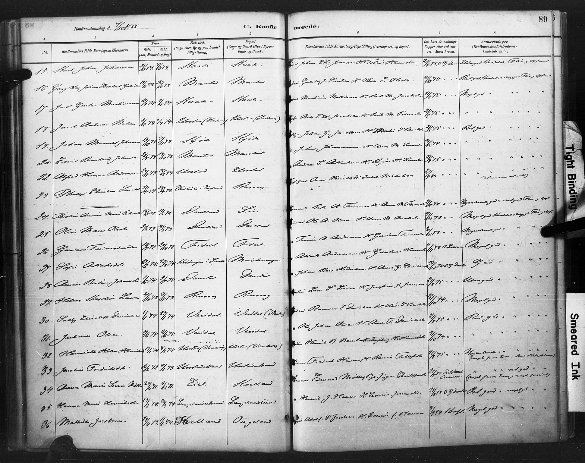 Flekkefjord sokneprestkontor, AV/SAK-1111-0012/F/Fa/Fab/L0006: Parish register (official) no. A 6, 1886-1901, p. 89