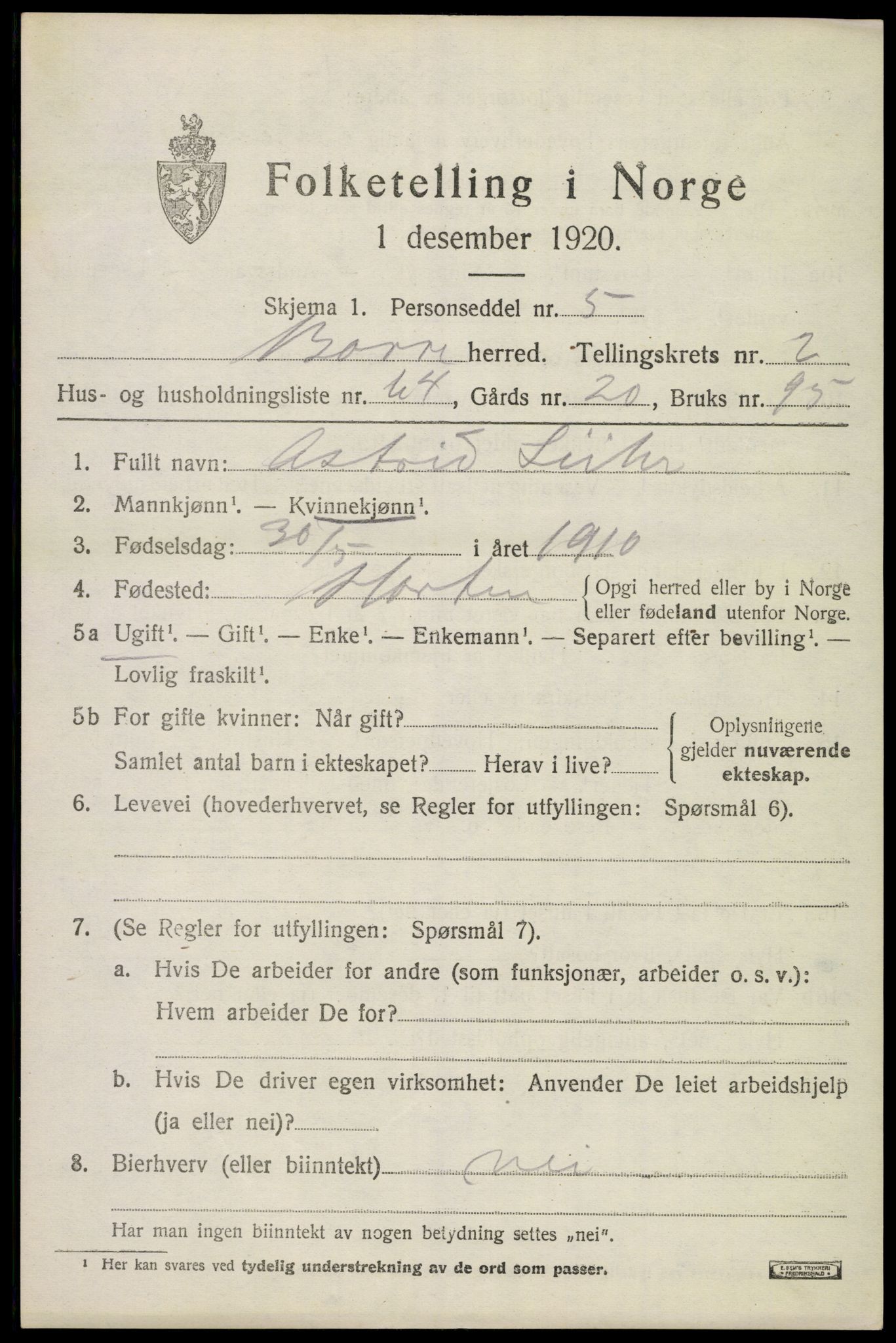 SAKO, 1920 census for Borre, 1920, p. 4910