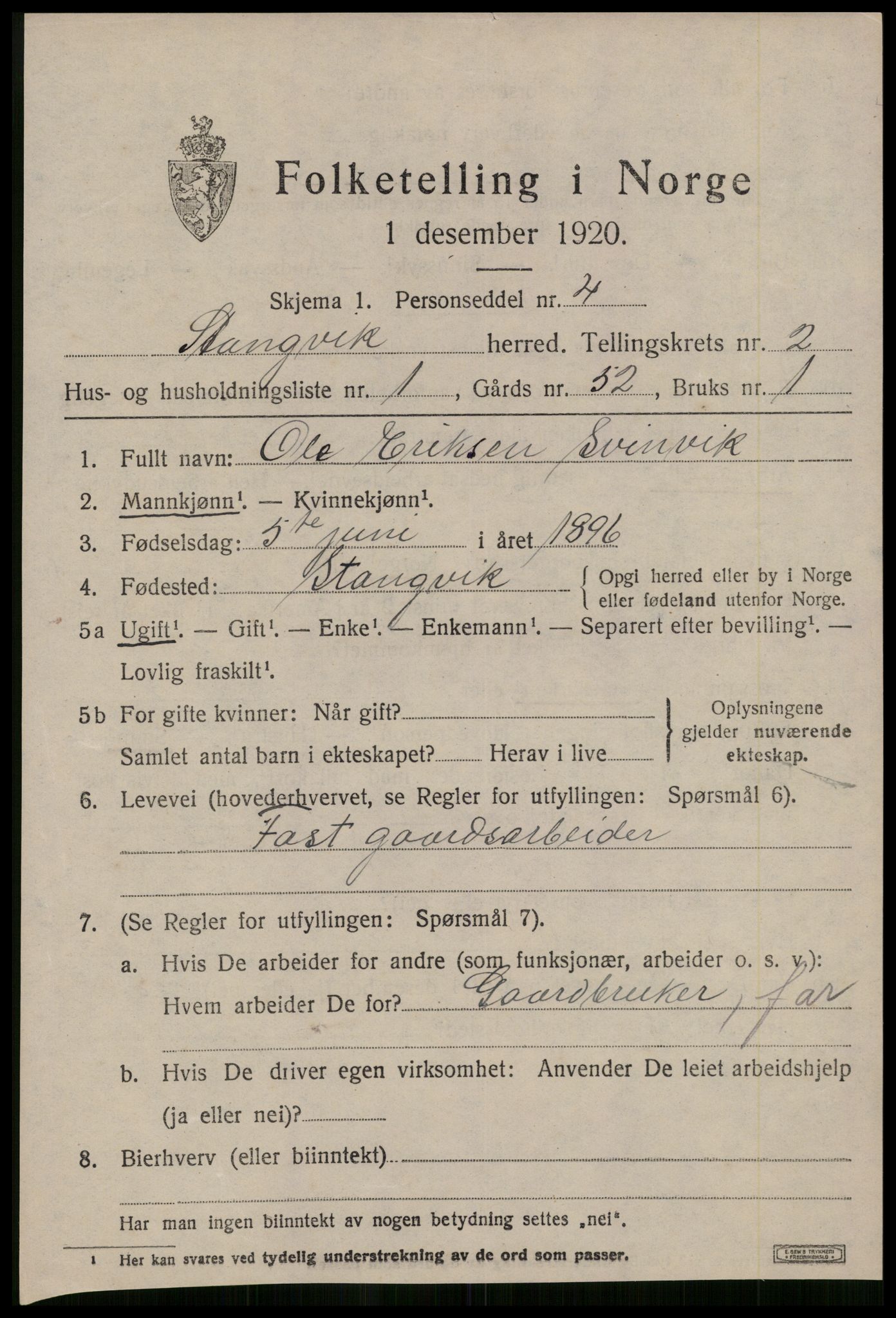 SAT, 1920 census for Stangvik, 1920, p. 1426