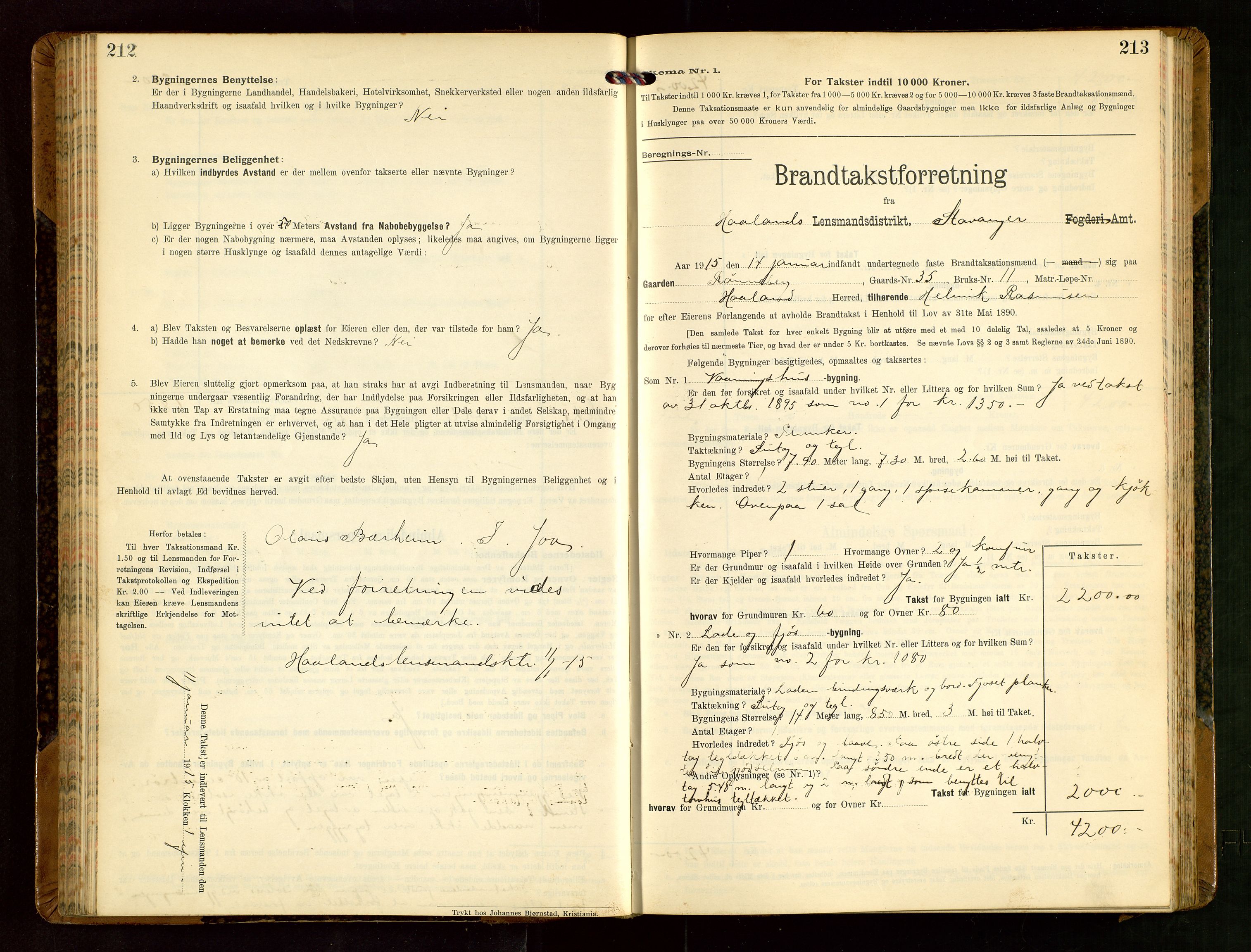 Håland lensmannskontor, AV/SAST-A-100100/Gob/L0004: Branntakstprotokoll - skjematakst. Register i boken., 1913-1915, p. 212-213