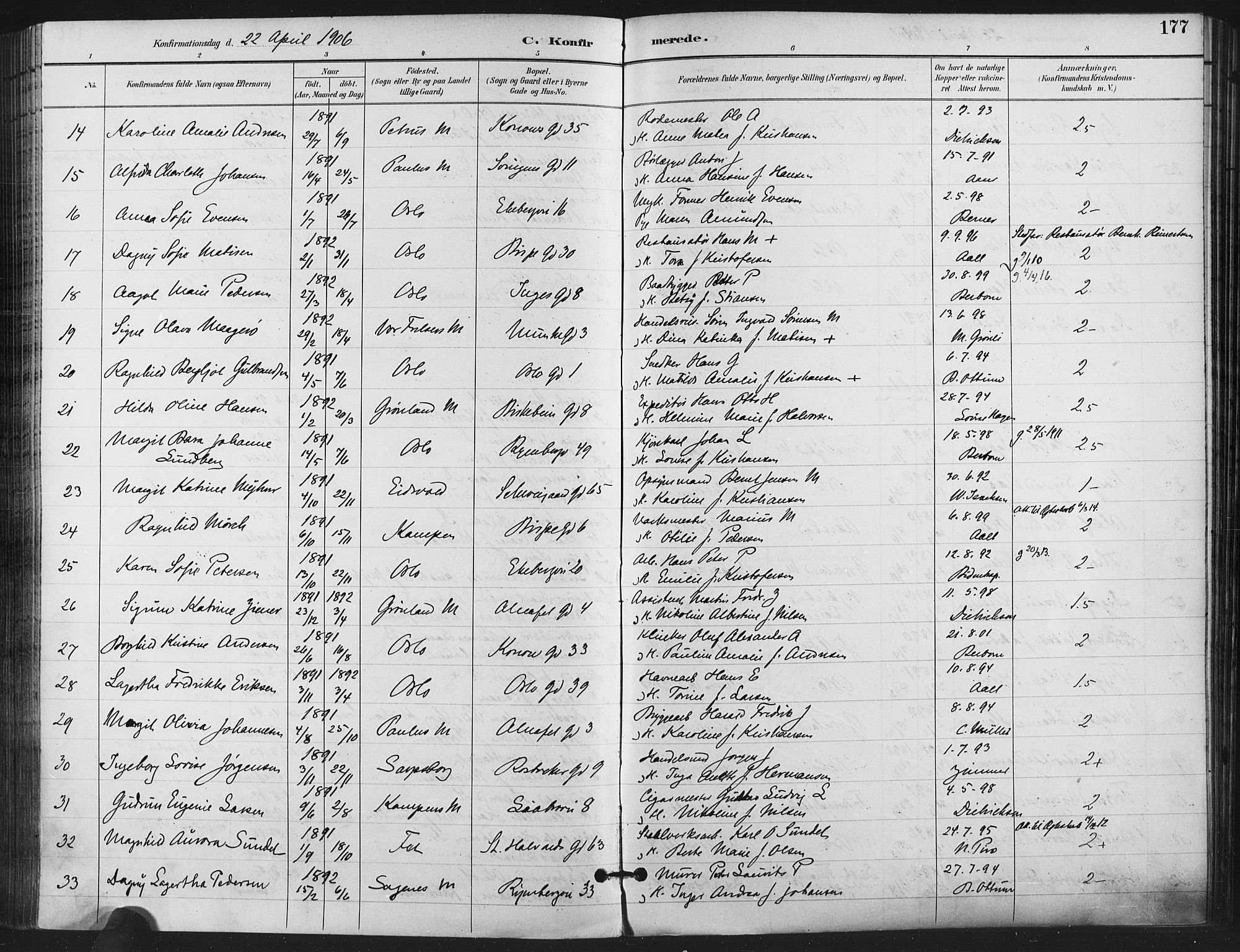 Gamlebyen prestekontor Kirkebøker, SAO/A-10884/F/Fa/L0008: Parish register (official) no. 8, 1891-1908, p. 177