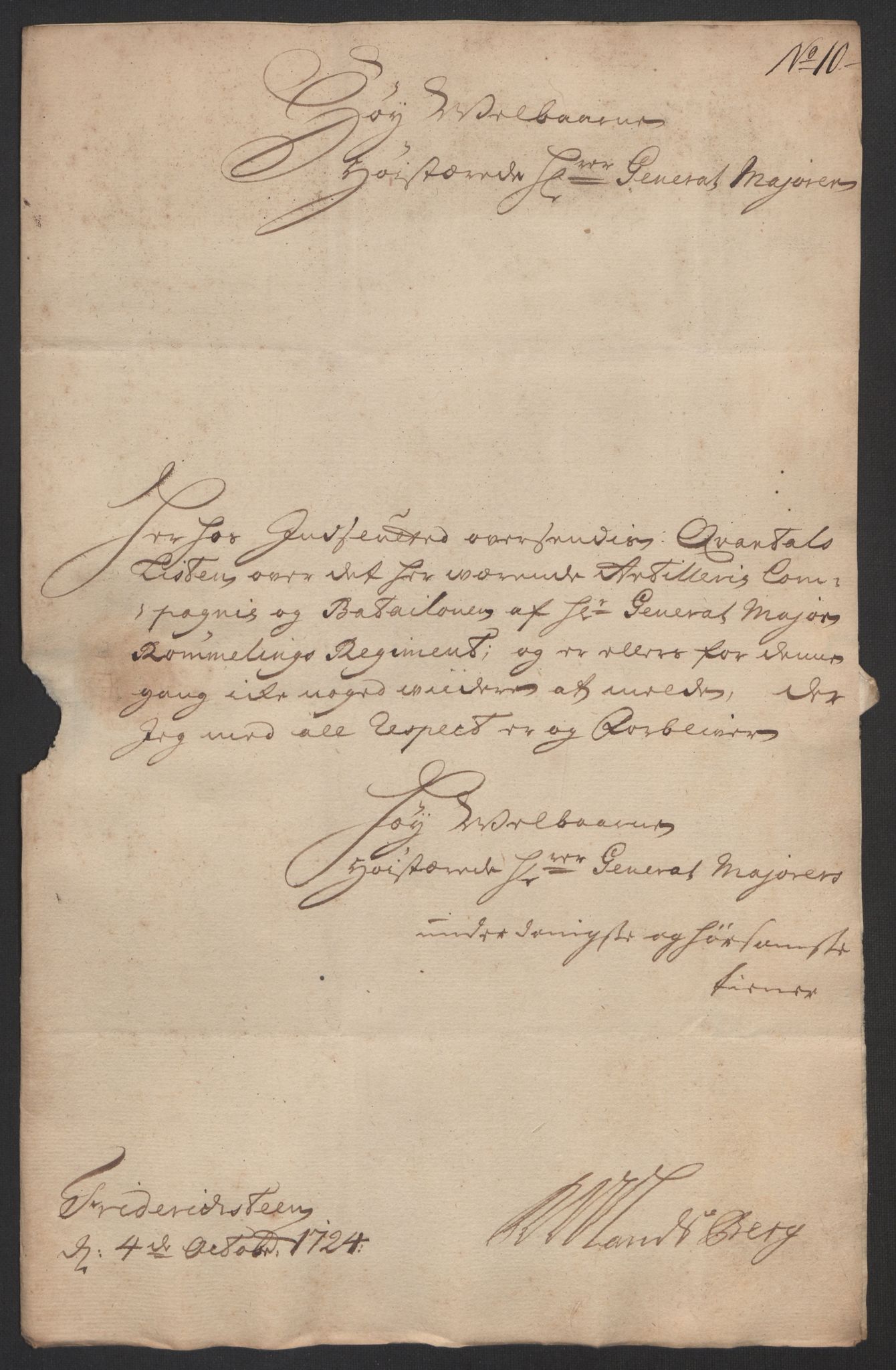 Kommanderende general (KG I) med Det norske krigsdirektorium, AV/RA-EA-5419/D/L0153: Fredriksten festning: Brev, inventarfortegnelser og regnskapsekstrakter, 1724-1729, p. 65