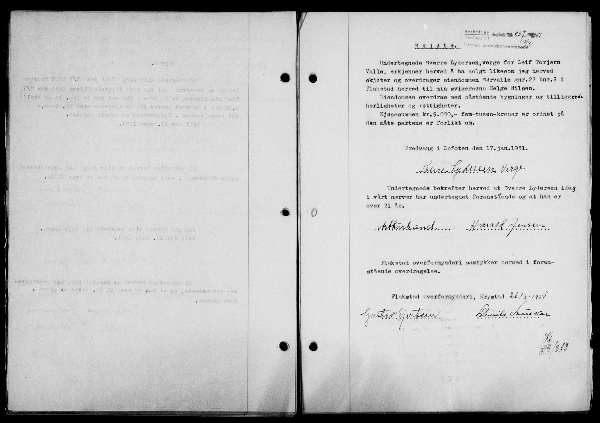 Lofoten sorenskriveri, SAT/A-0017/1/2/2C/L0025a: Mortgage book no. 25a, 1950-1951, Diary no: : 857/1951