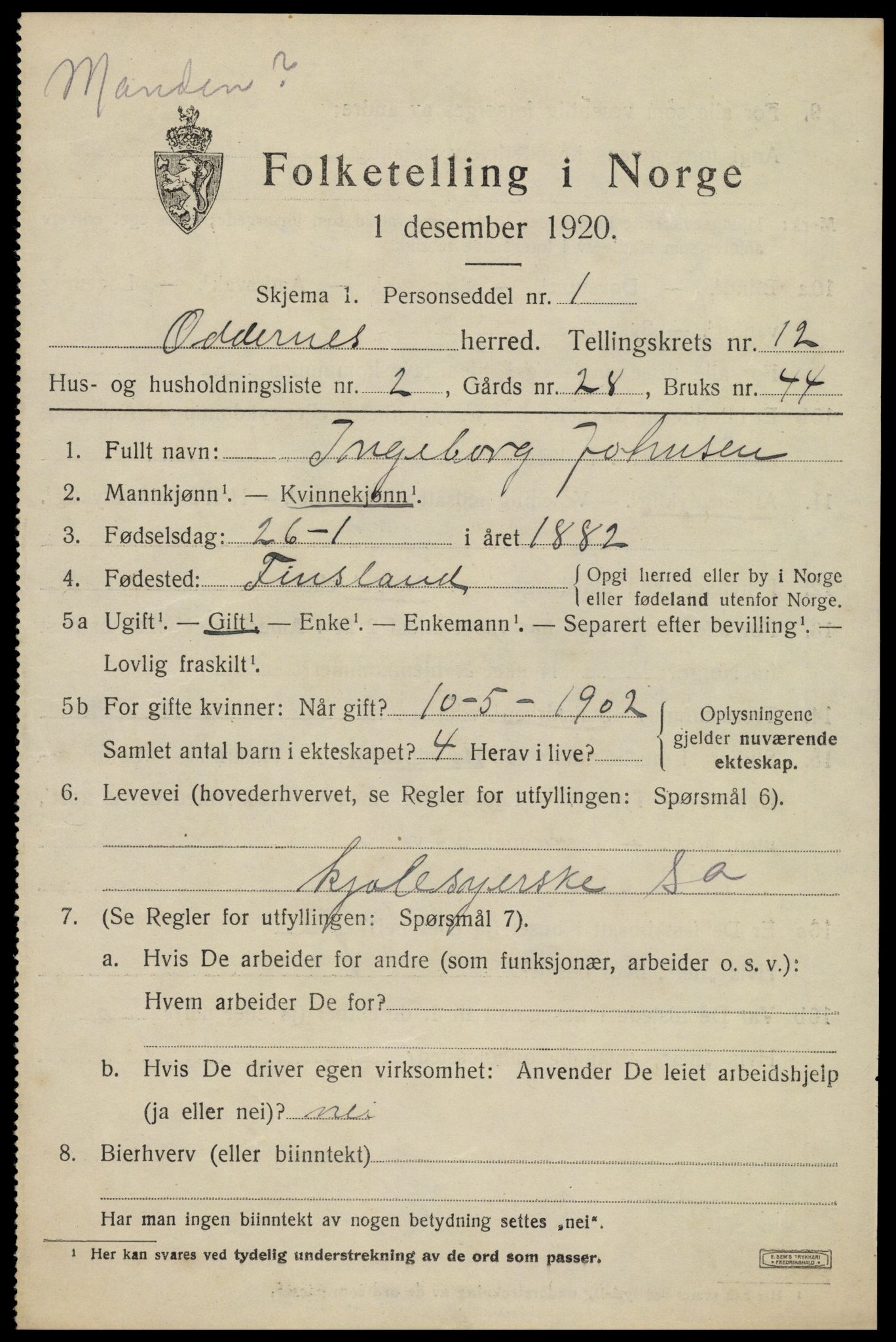 SAK, 1920 census for Oddernes, 1920, p. 7607