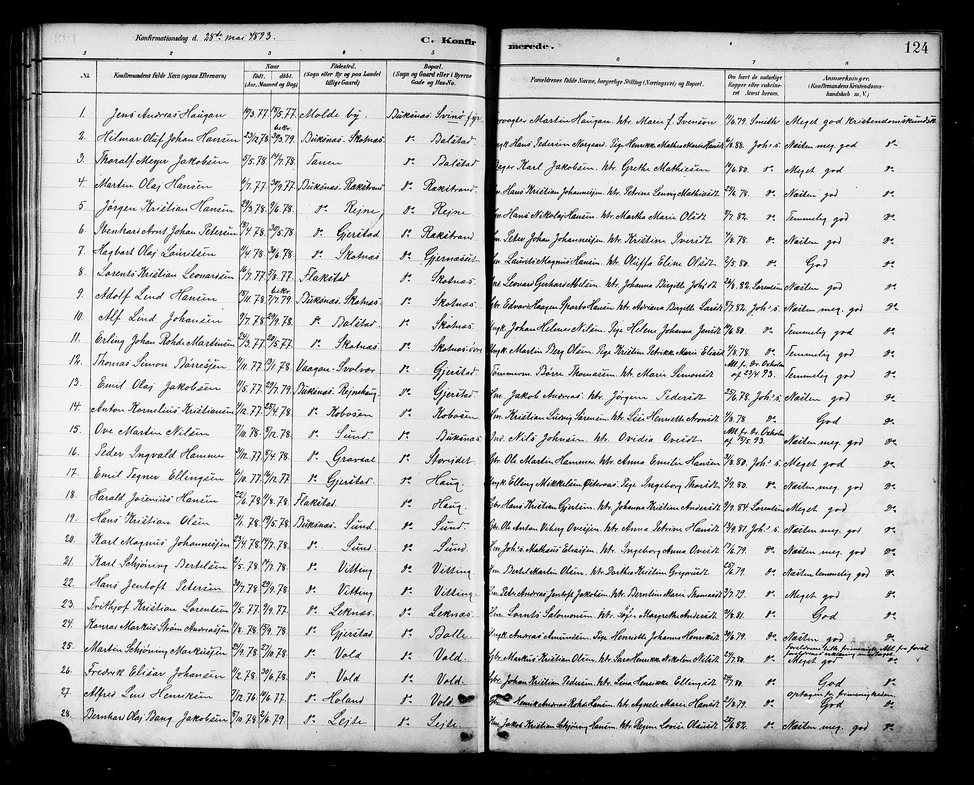 Ministerialprotokoller, klokkerbøker og fødselsregistre - Nordland, AV/SAT-A-1459/881/L1167: Parish register (copy) no. 881C04, 1886-1899, p. 124