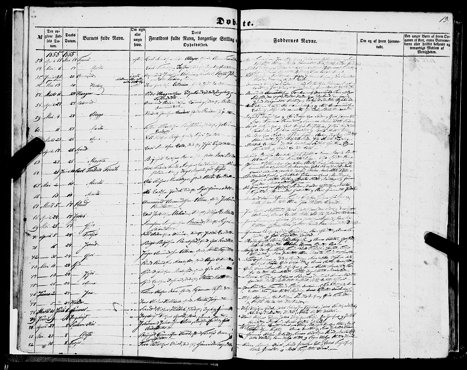 Ullensvang sokneprestembete, AV/SAB-A-78701/H/Haa: Parish register (official) no. A 11, 1854-1866, p. 13