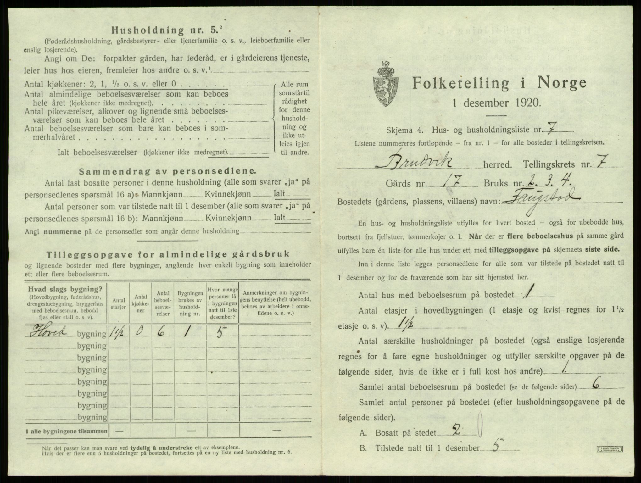 SAB, 1920 census for Bruvik, 1920, p. 539