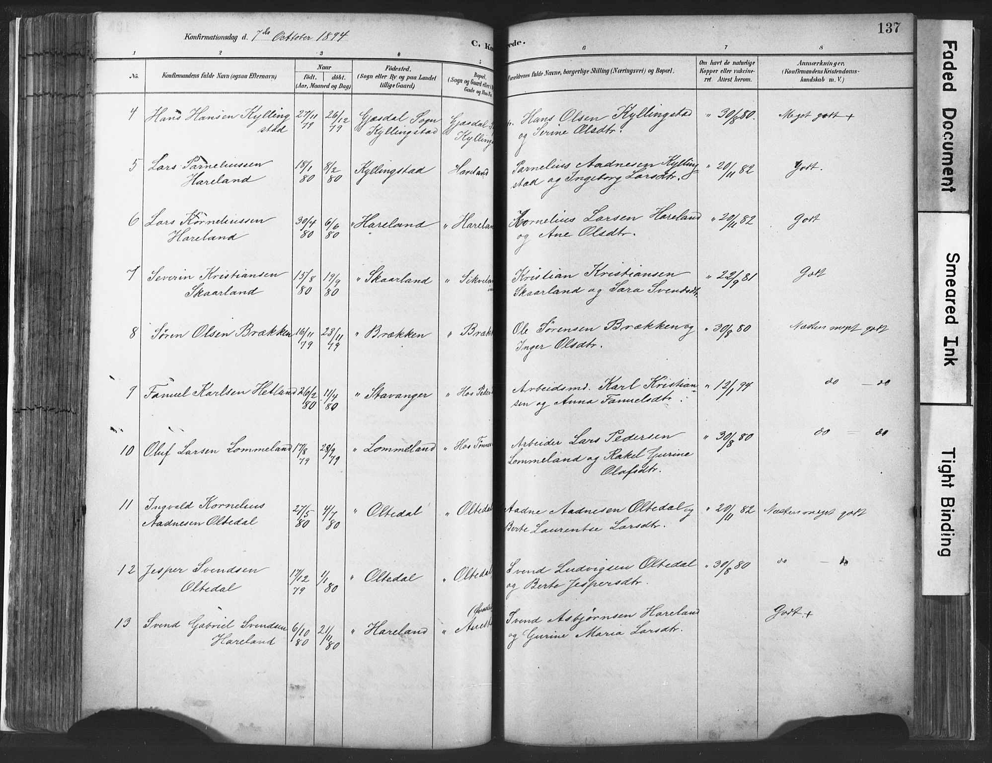 Lye sokneprestkontor, AV/SAST-A-101794/001/30BA/L0010: Parish register (official) no. A 10, 1881-1896, p. 137