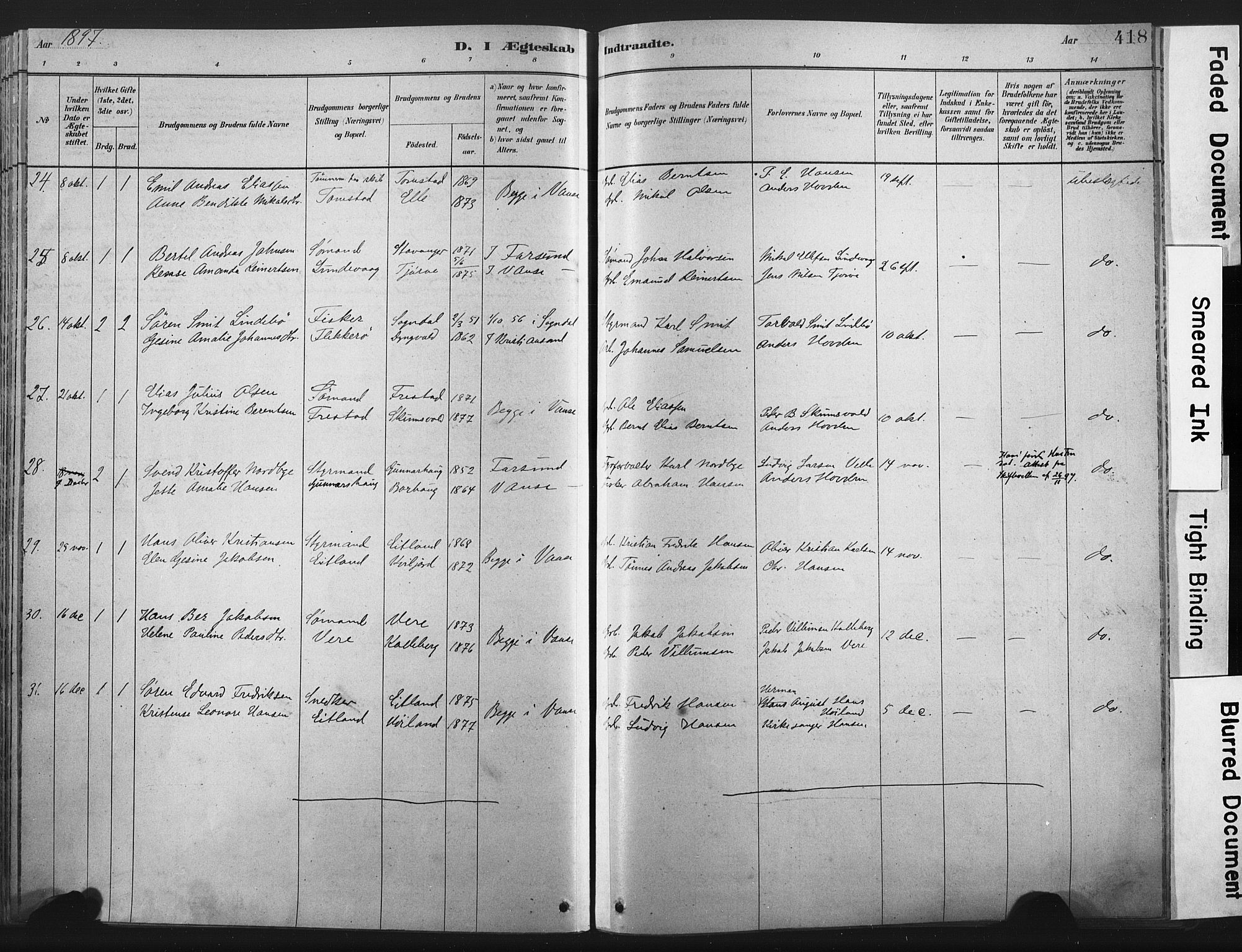 Lista sokneprestkontor, AV/SAK-1111-0027/F/Fa/L0012: Parish register (official) no. A 12, 1879-1903, p. 418