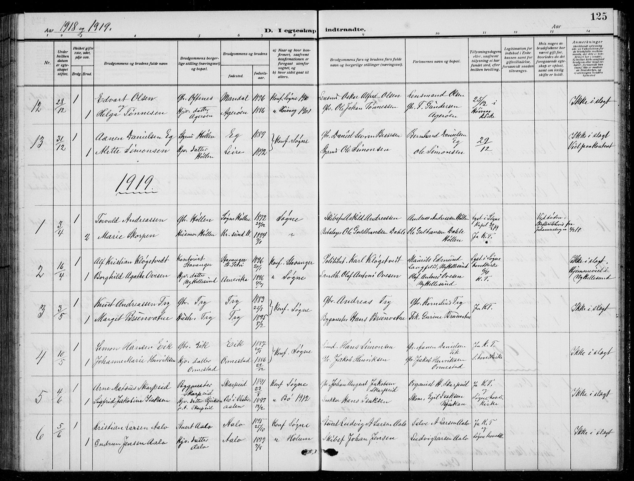 Søgne sokneprestkontor, SAK/1111-0037/F/Fb/Fbb/L0007: Parish register (copy) no. B 7, 1912-1931, p. 125
