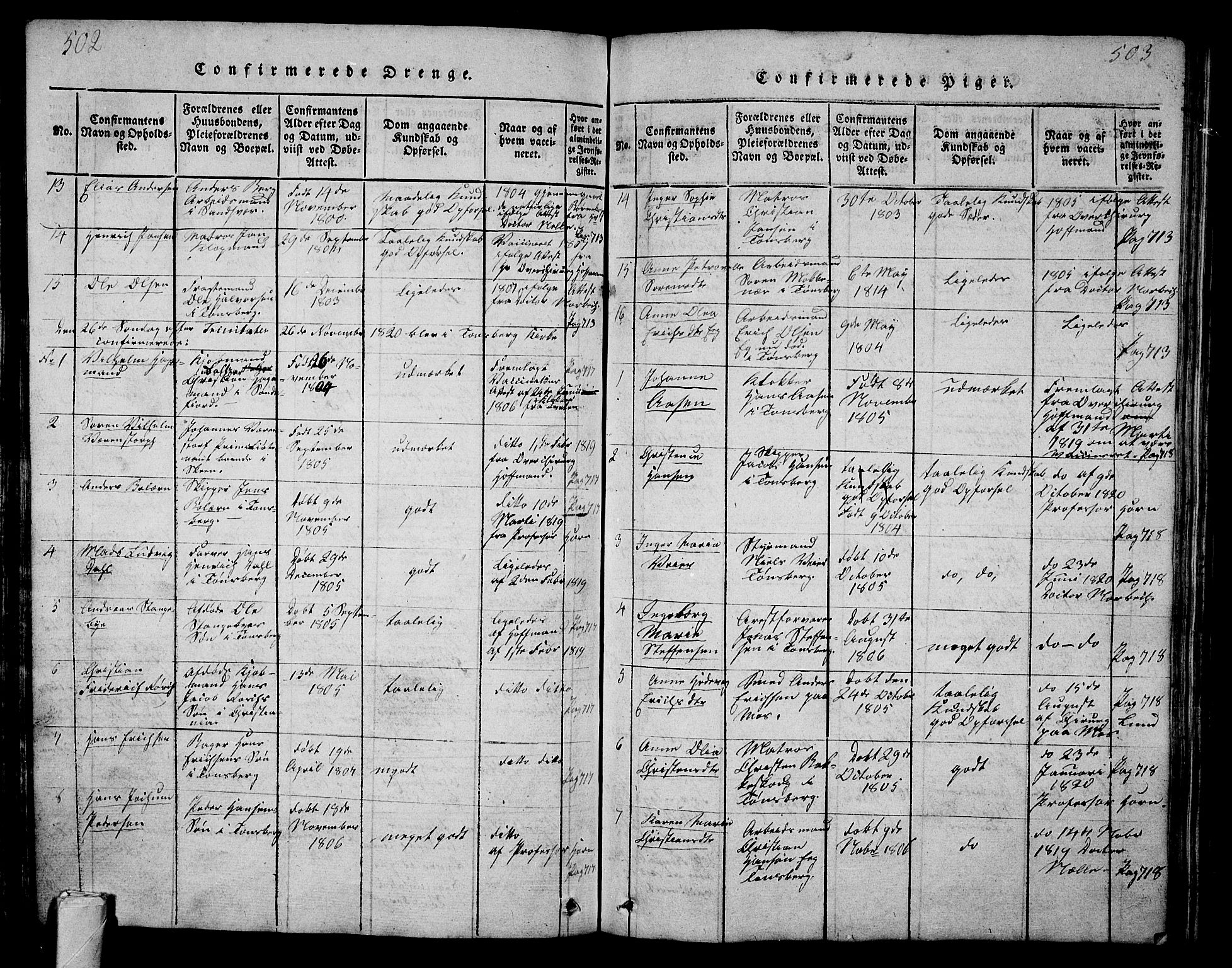 Tønsberg kirkebøker, AV/SAKO-A-330/G/Ga/L0001: Parish register (copy) no. 1, 1813-1826, p. 502-503