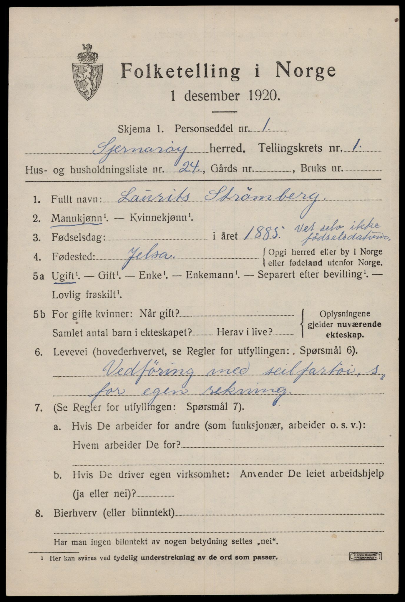 SAST, 1920 census for Sjernarøy, 1920, p. 654