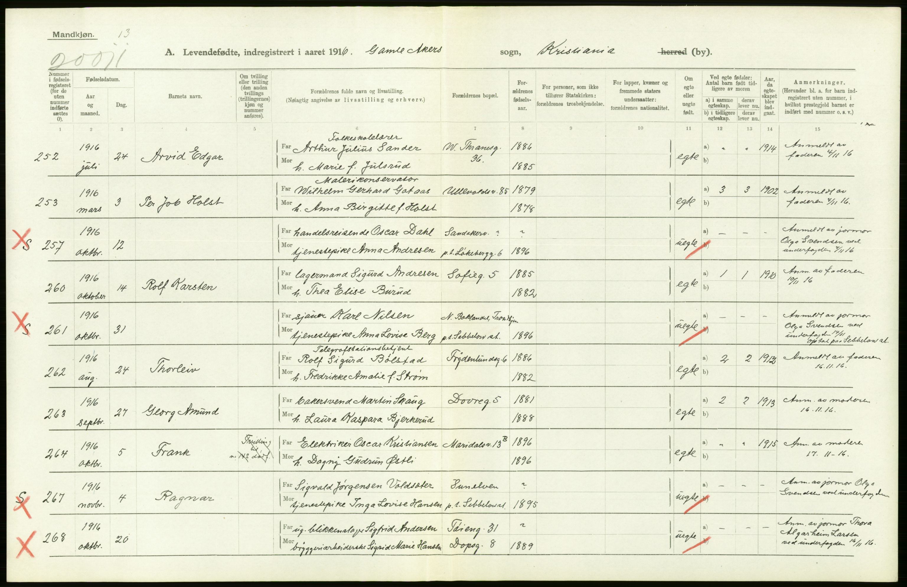 Statistisk sentralbyrå, Sosiodemografiske emner, Befolkning, AV/RA-S-2228/D/Df/Dfb/Dfbf/L0006: Kristiania: Levendefødte menn og kvinner., 1916, p. 336