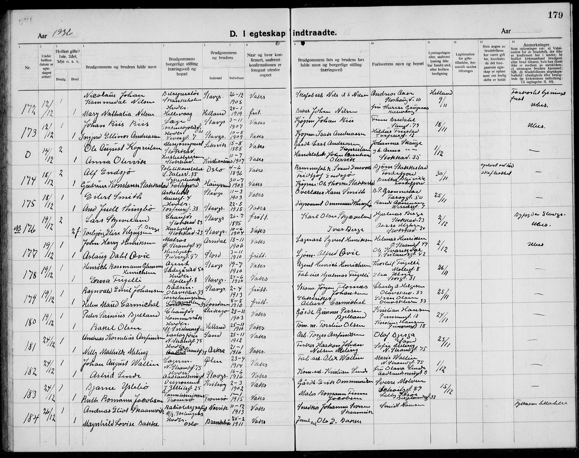 Domkirken sokneprestkontor, AV/SAST-A-101812/001/30/30BB/L0020: Parish register (copy) no. B 20, 1921-1937, p. 179