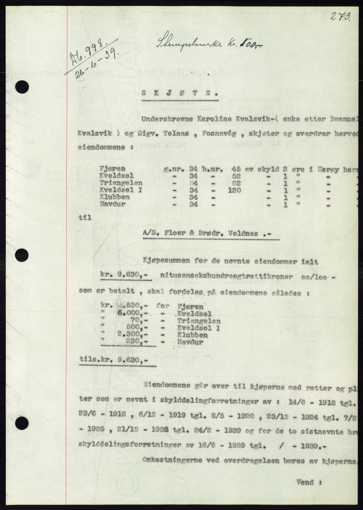 Søre Sunnmøre sorenskriveri, AV/SAT-A-4122/1/2/2C/L0068: Mortgage book no. 62, 1939-1939, Diary no: : 998/1939