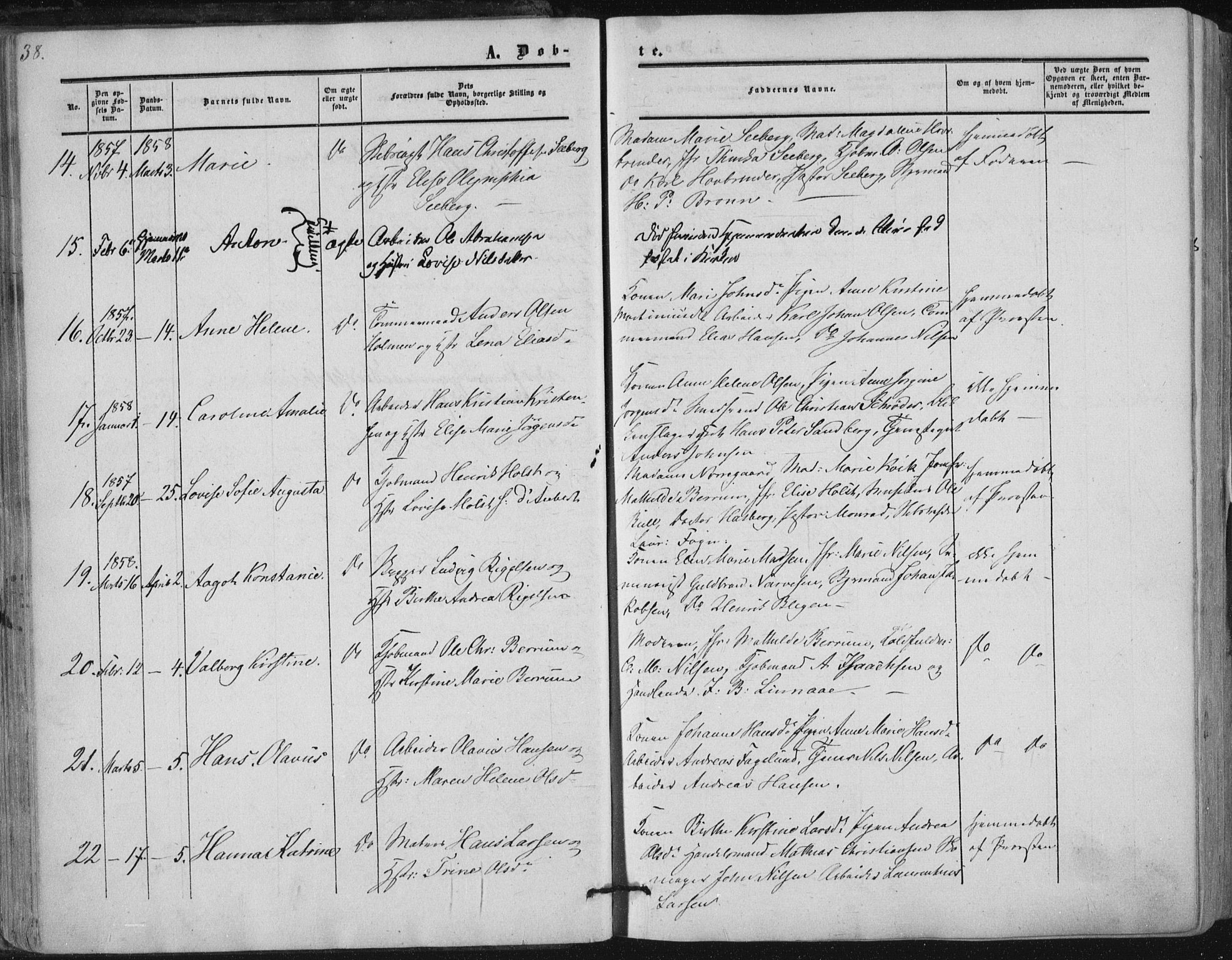 Tønsberg kirkebøker, SAKO/A-330/F/Fa/L0008: Parish register (official) no. I 8, 1855-1864, p. 38
