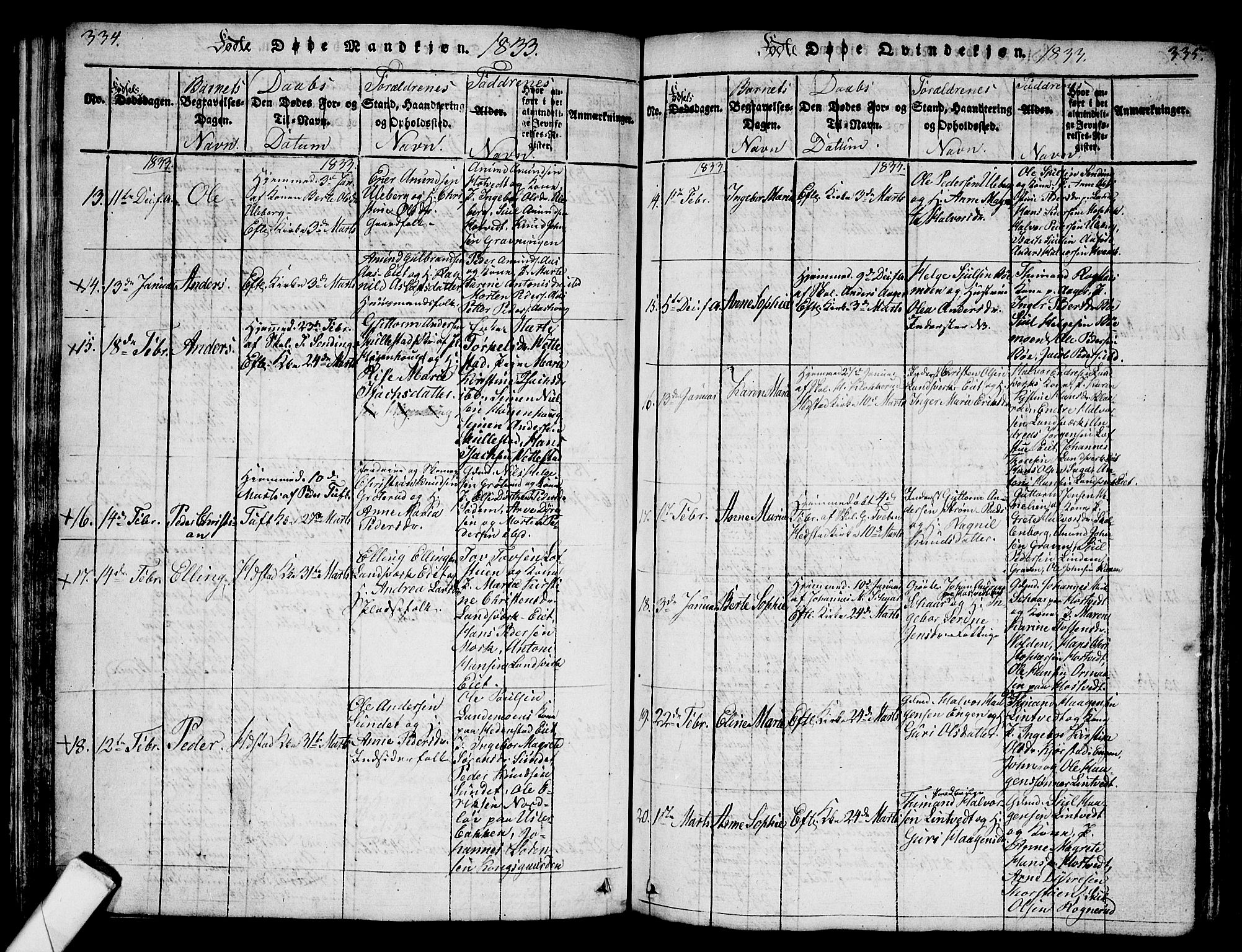 Sandsvær kirkebøker, AV/SAKO-A-244/G/Ga/L0003: Parish register (copy) no. I 3, 1817-1839, p. 334-335