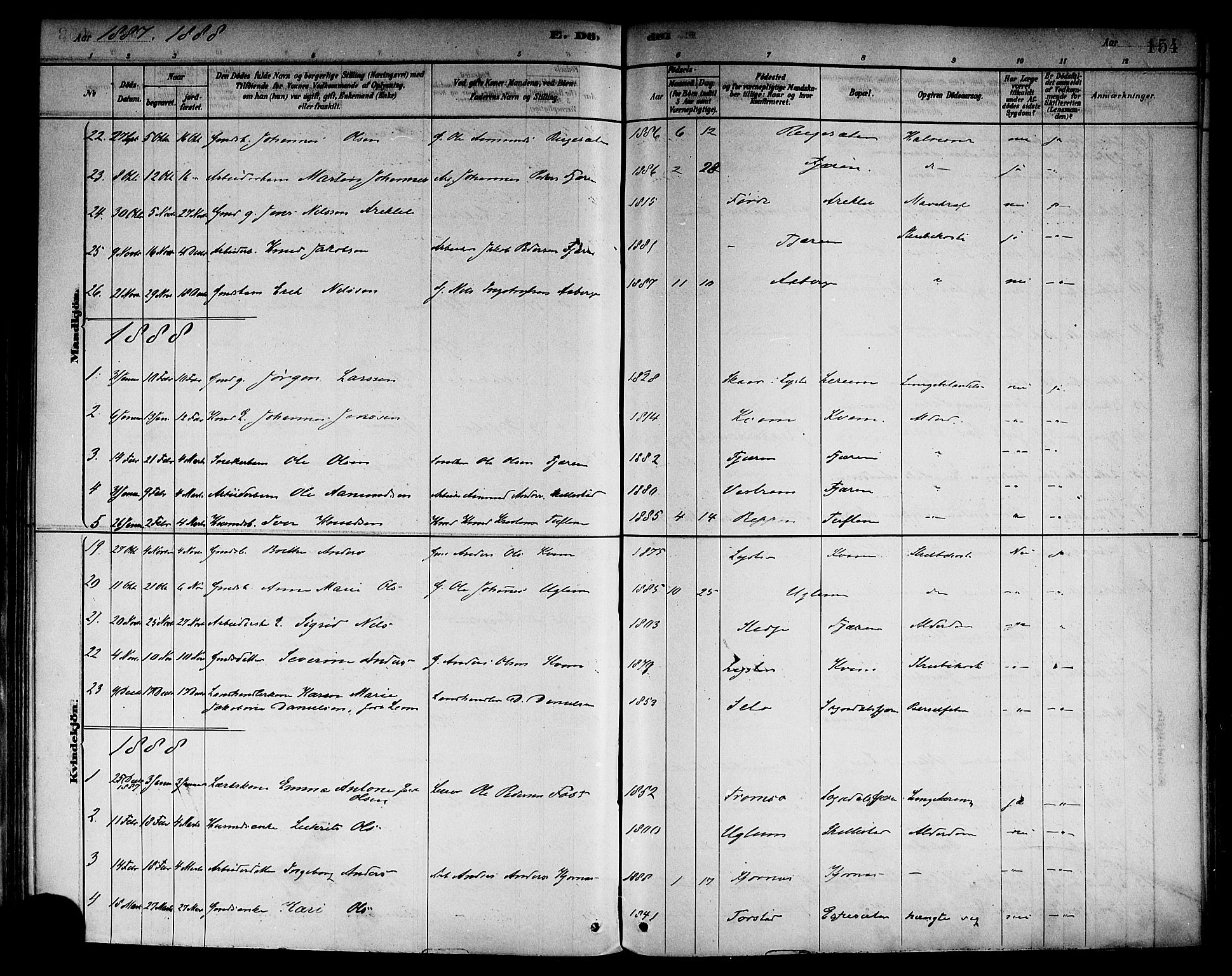 Sogndal sokneprestembete, AV/SAB-A-81301/H/Haa/Haab/L0001: Parish register (official) no. B 1, 1878-1899, p. 154