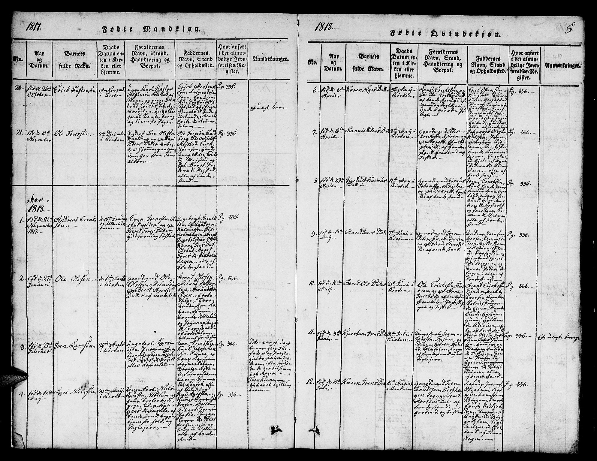 Ministerialprotokoller, klokkerbøker og fødselsregistre - Sør-Trøndelag, SAT/A-1456/665/L0776: Parish register (copy) no. 665C01, 1817-1837, p. 5