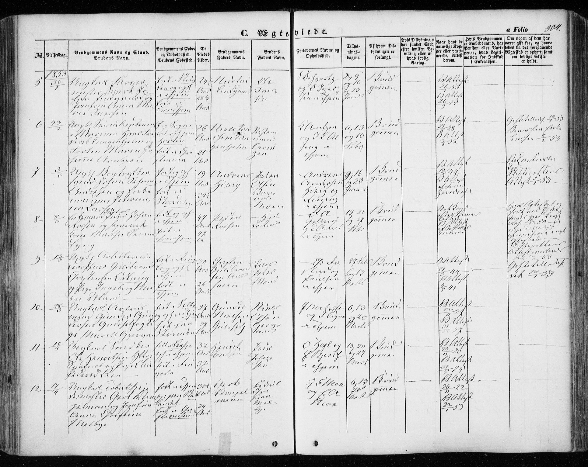 Ministerialprotokoller, klokkerbøker og fødselsregistre - Sør-Trøndelag, SAT/A-1456/601/L0051: Parish register (official) no. 601A19, 1848-1857, p. 304