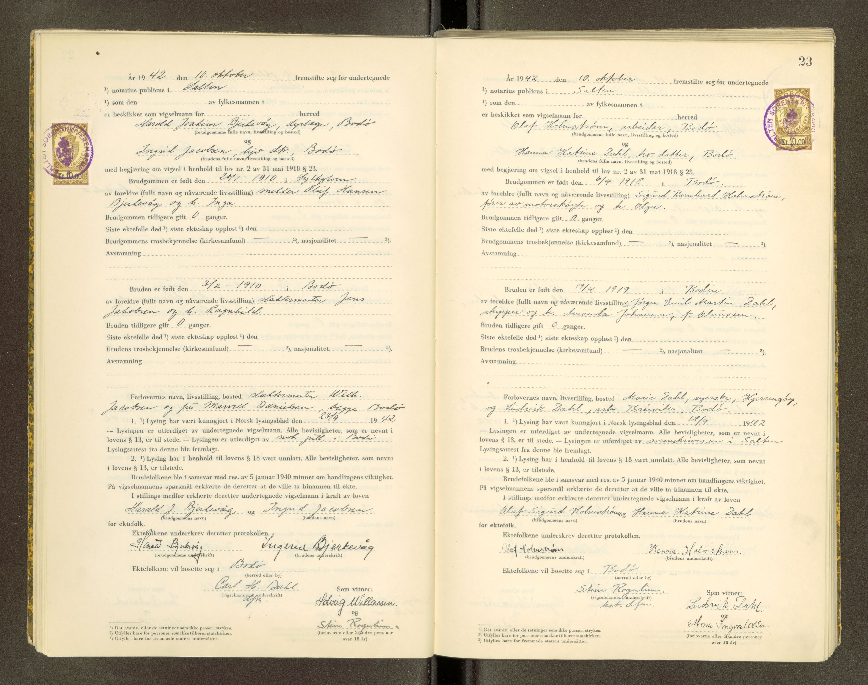 Salten sorenskriveri, AV/SAT-A-4578/1/6/6D/L0003: Vigselsbok, 1942-1943, p. 22b-23a