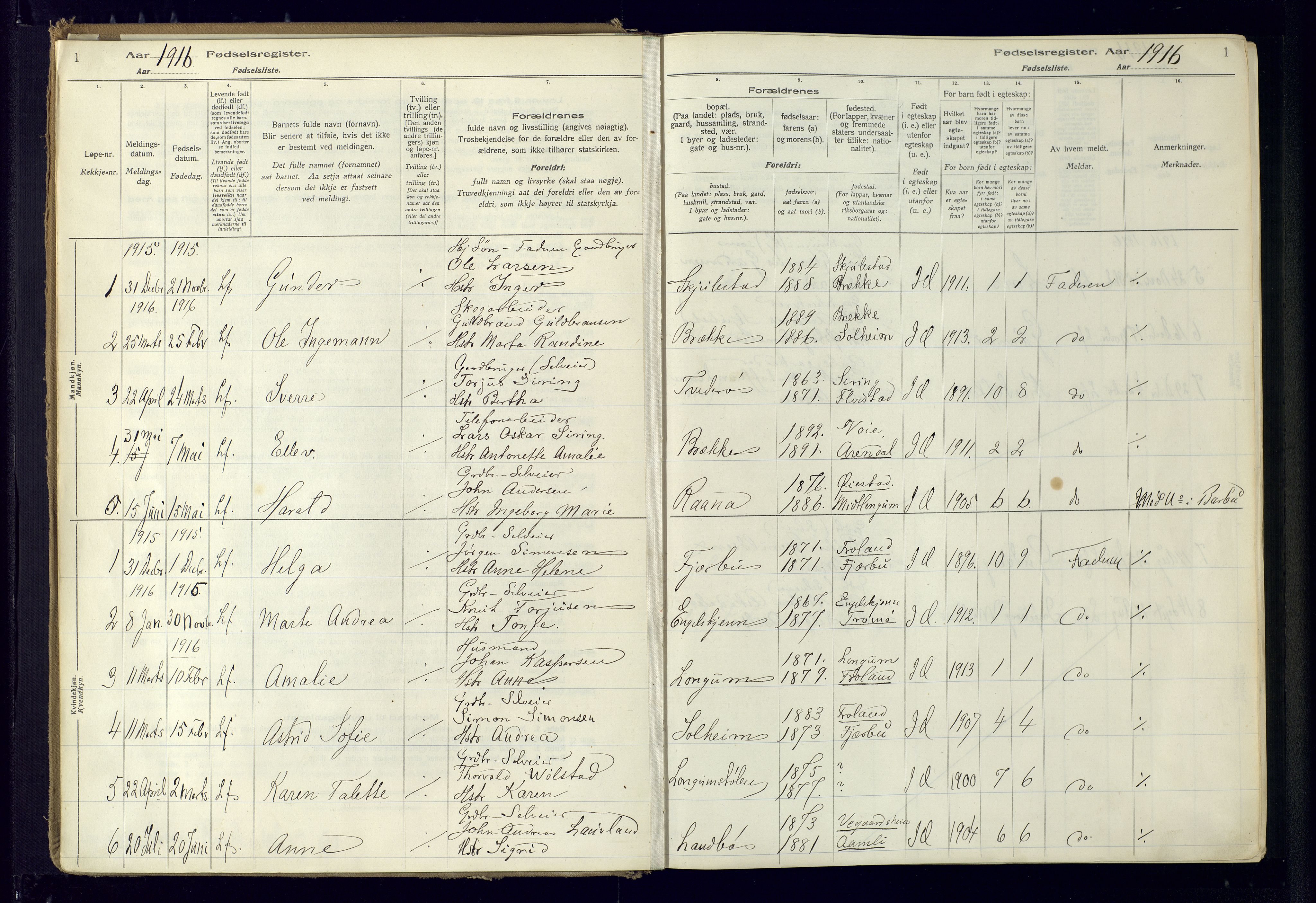 Austre Moland sokneprestkontor, SAK/1111-0001/J/Ja/L0001: Birth register no. A-VI-25, 1916-1975, p. 1