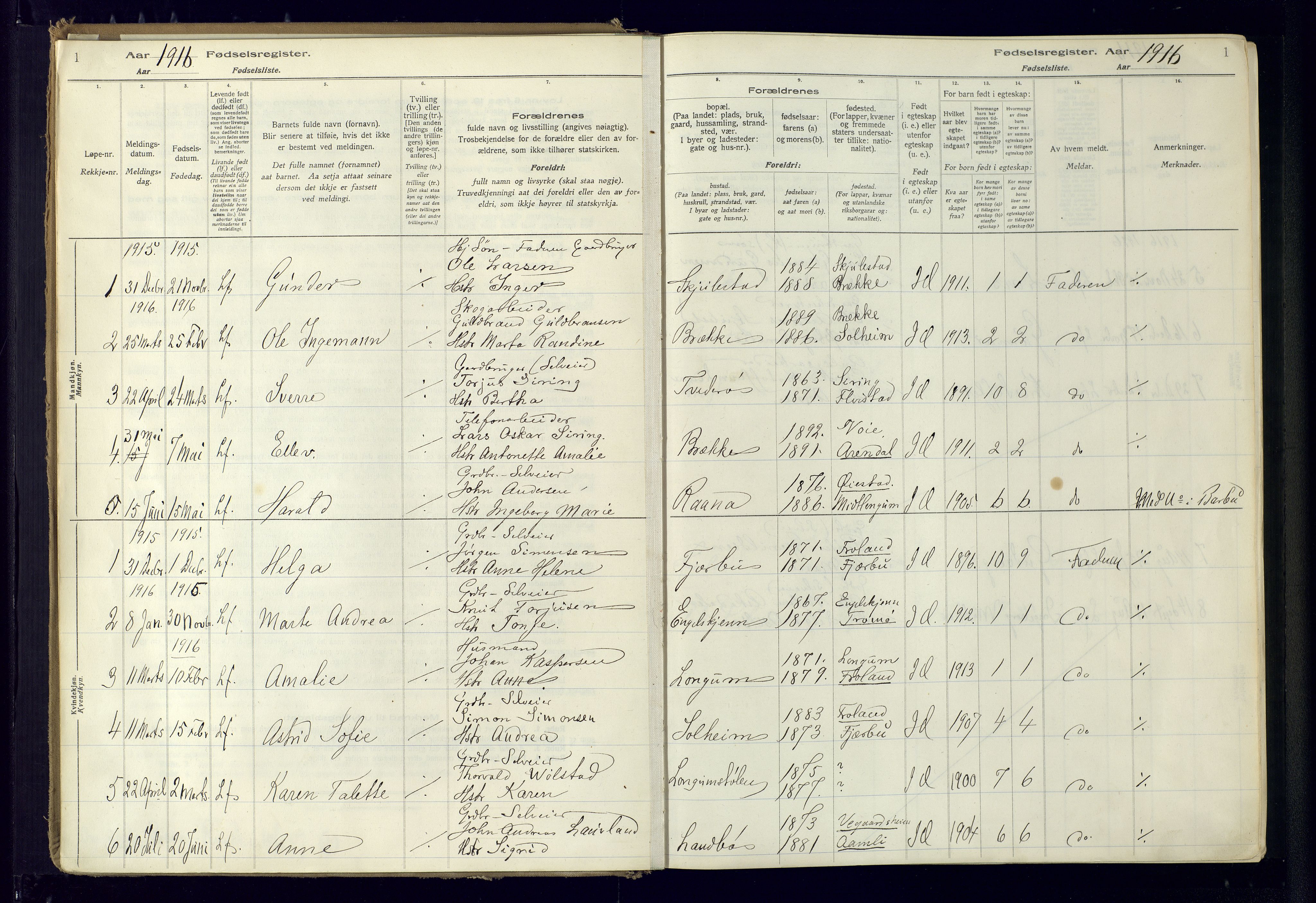 Austre Moland sokneprestkontor, AV/SAK-1111-0001/J/Ja/L0001: Birth register no. A-VI-25, 1916-1975, p. 1