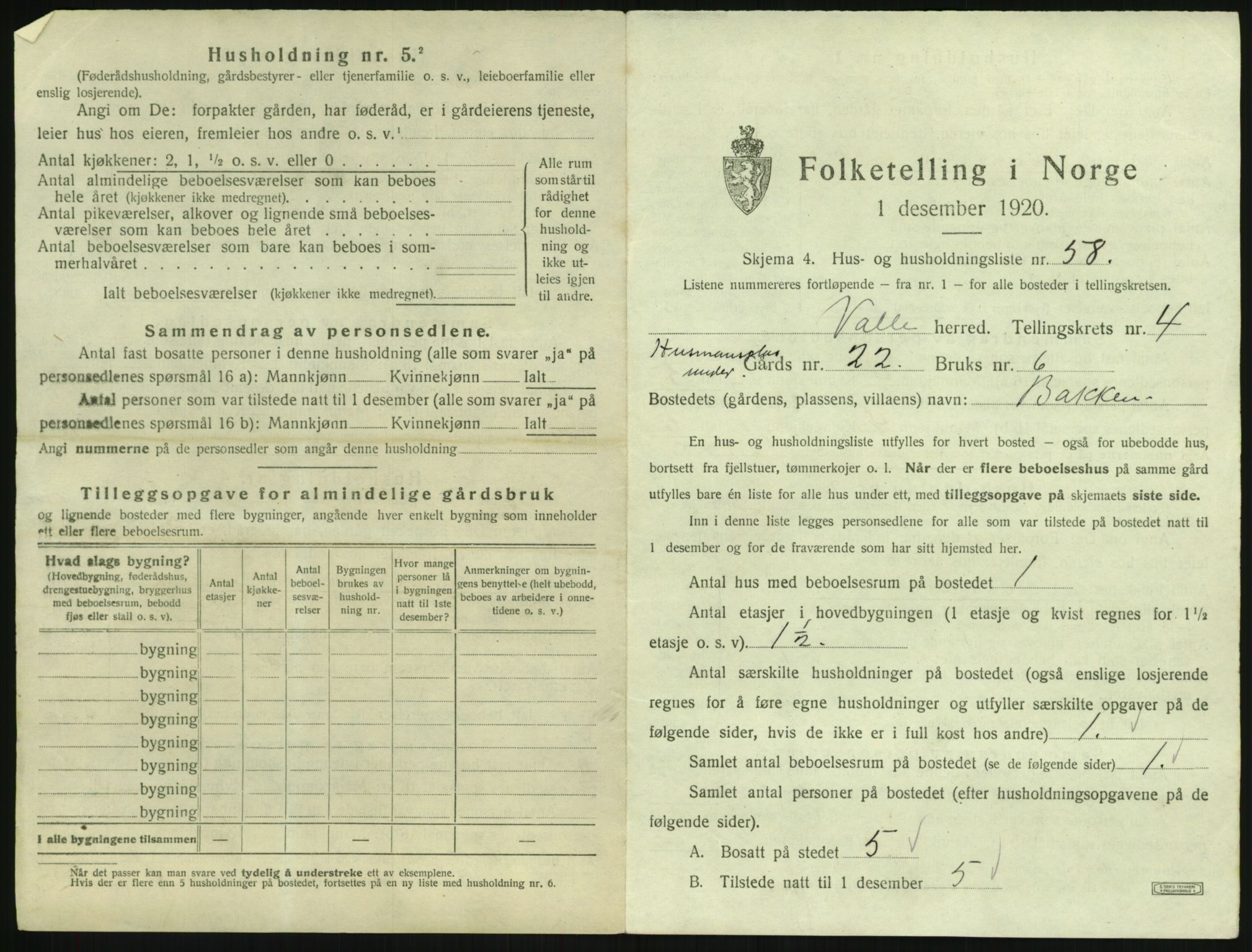 SAK, 1920 census for Valle, 1920, p. 435