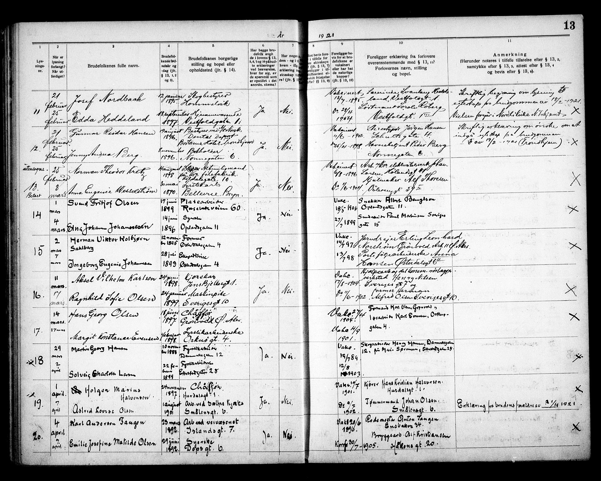 Vålerengen prestekontor Kirkebøker, AV/SAO-A-10878/H/Ha/L0003: Banns register no. 3, 1919-1932, p. 13