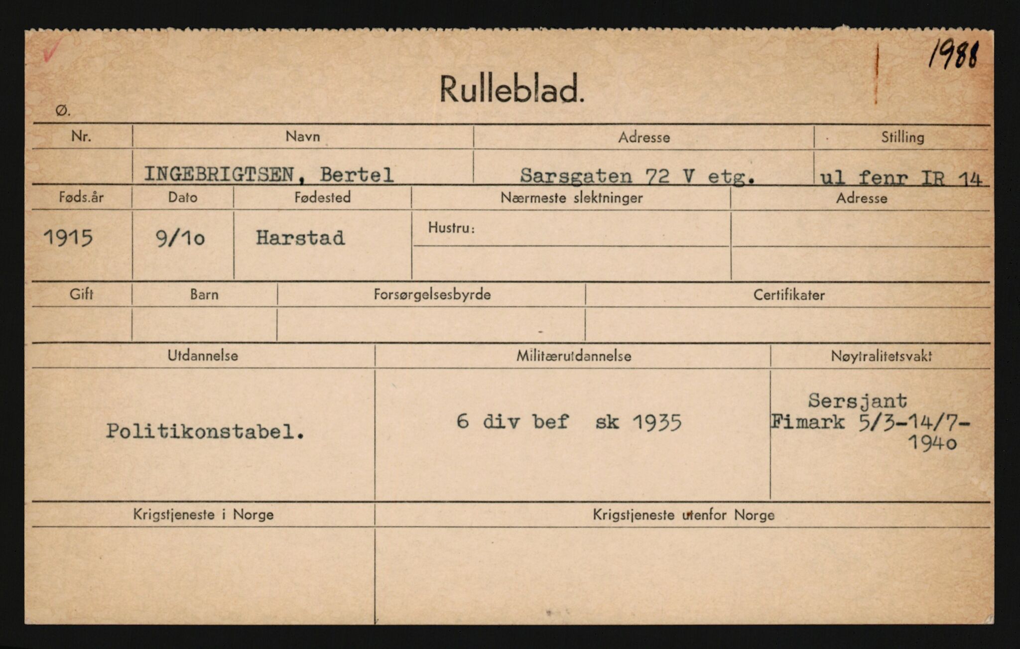 Forsvaret, Sør-Hålogaland landforsvar, AV/RA-RAFA-2552/P/Pa/L0302: Personellmapper for slettet personell, yrkesbefal og vernepliktig befal, født 1913-1916, 1932-1976, p. 306