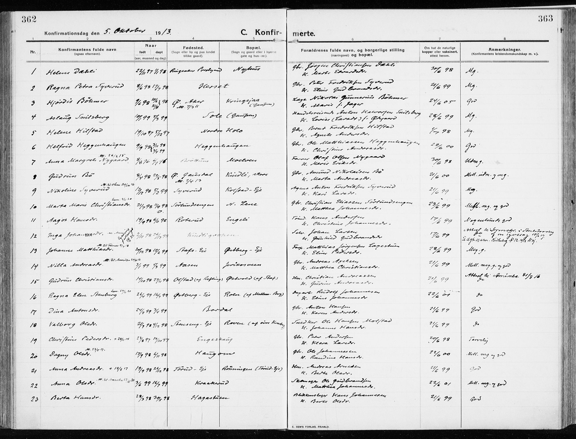 Ringsaker prestekontor, AV/SAH-PREST-014/K/Ka/L0020: Parish register (official) no. 20, 1913-1922, p. 362-363