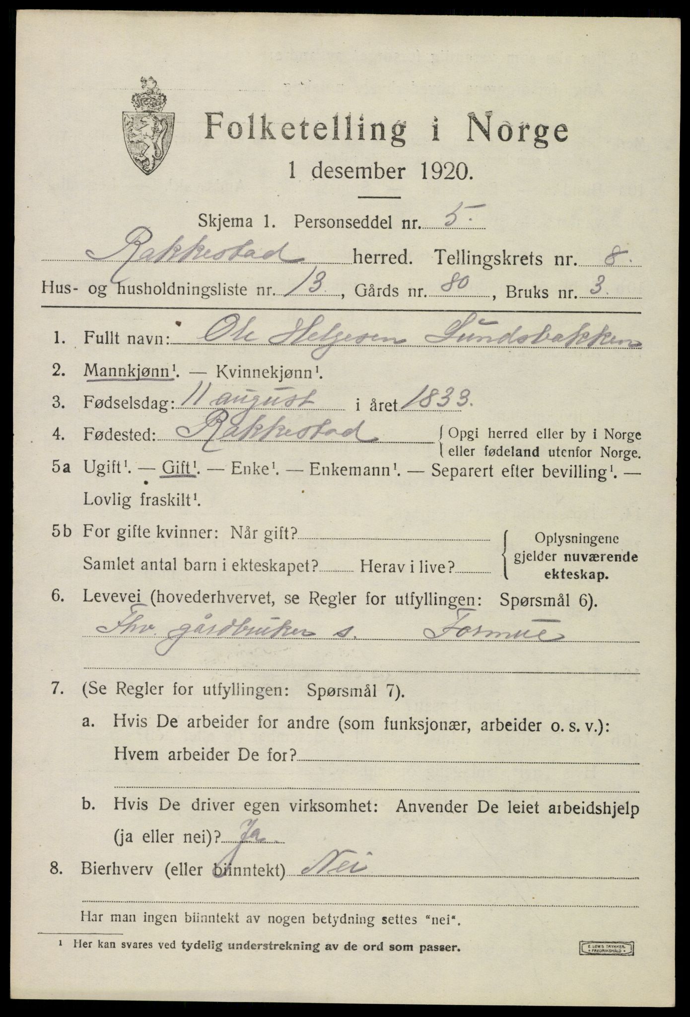 SAO, 1920 census for Rakkestad, 1920, p. 7385