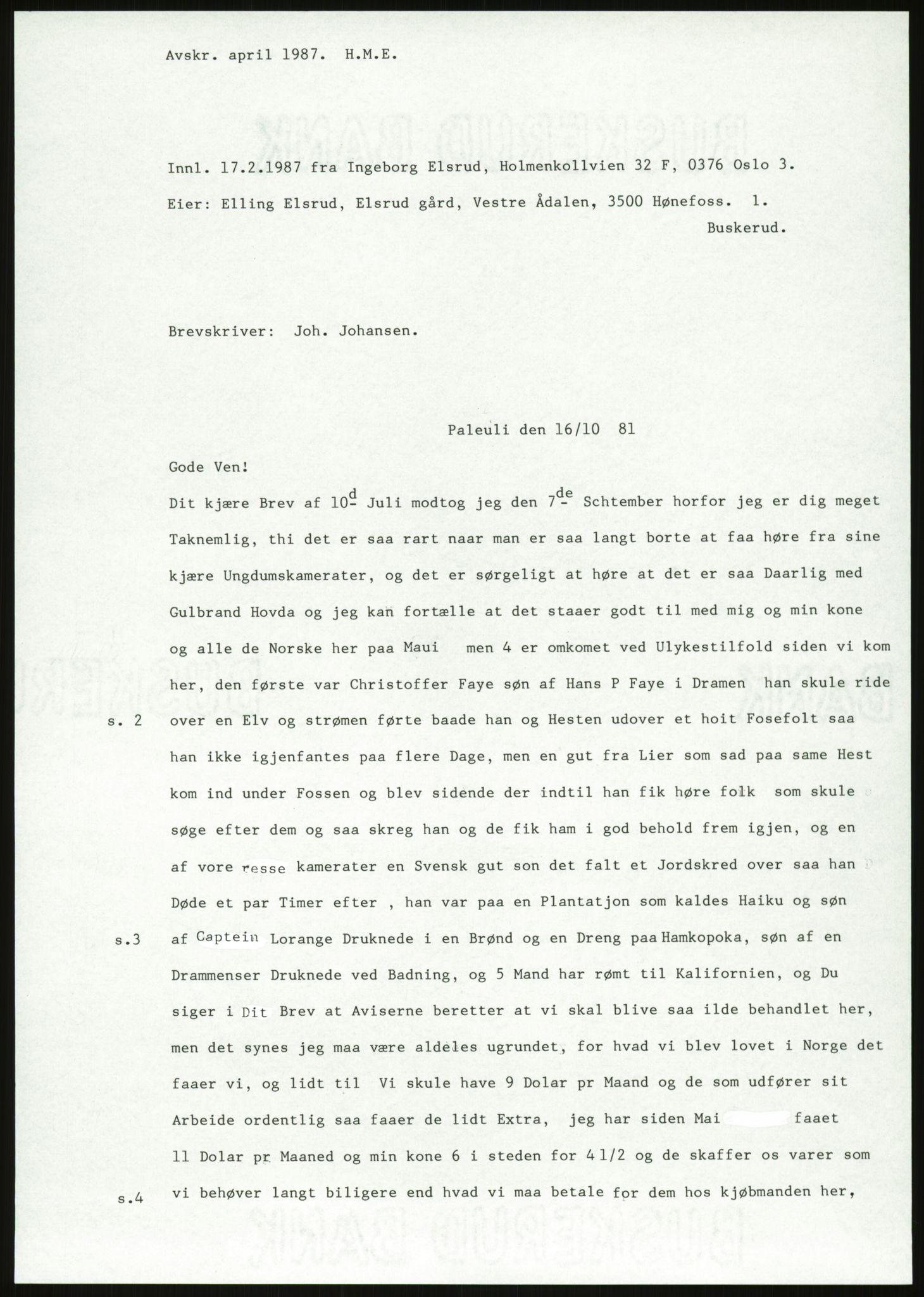 Samlinger til kildeutgivelse, Amerikabrevene, AV/RA-EA-4057/F/L0018: Innlån fra Buskerud: Elsrud, 1838-1914, p. 1019