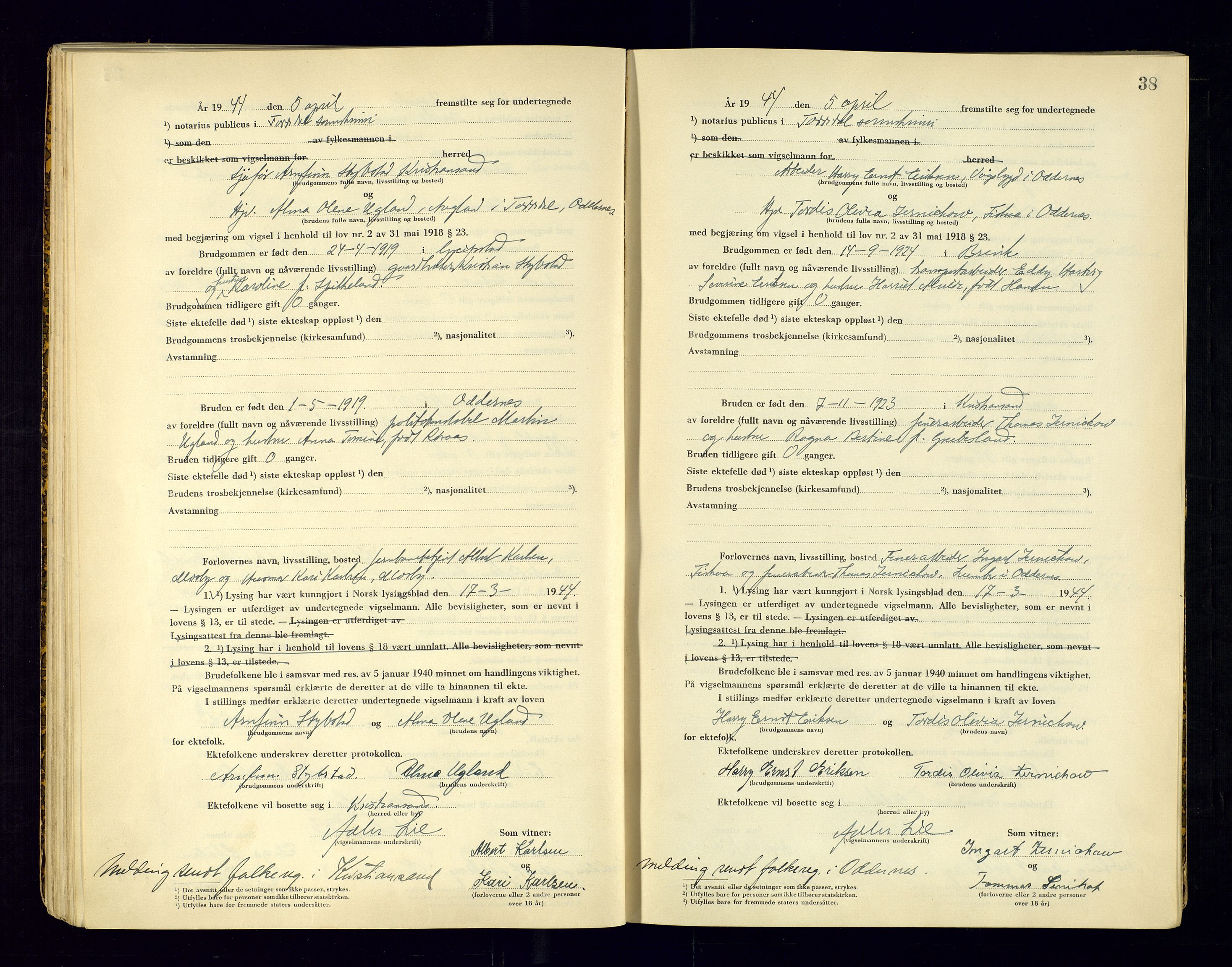Torridal sorenskriveri, AV/SAK-1221-0012/L/Ld/L0004: Vigselbok nr. 2, 1943-1946, p. 38