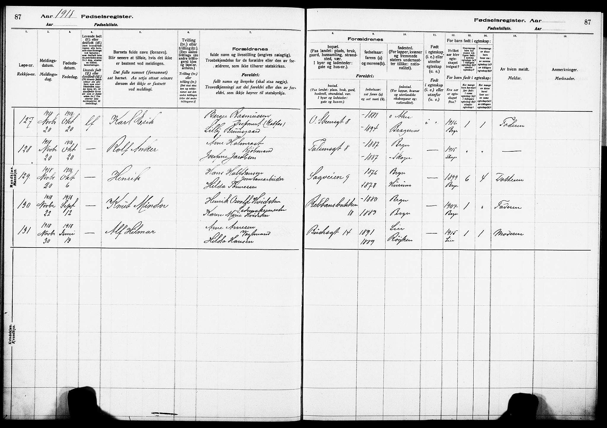 Bragernes kirkebøker, AV/SAKO-A-6/J/Ja/L0001: Birth register no. 1, 1916-1922, p. 87