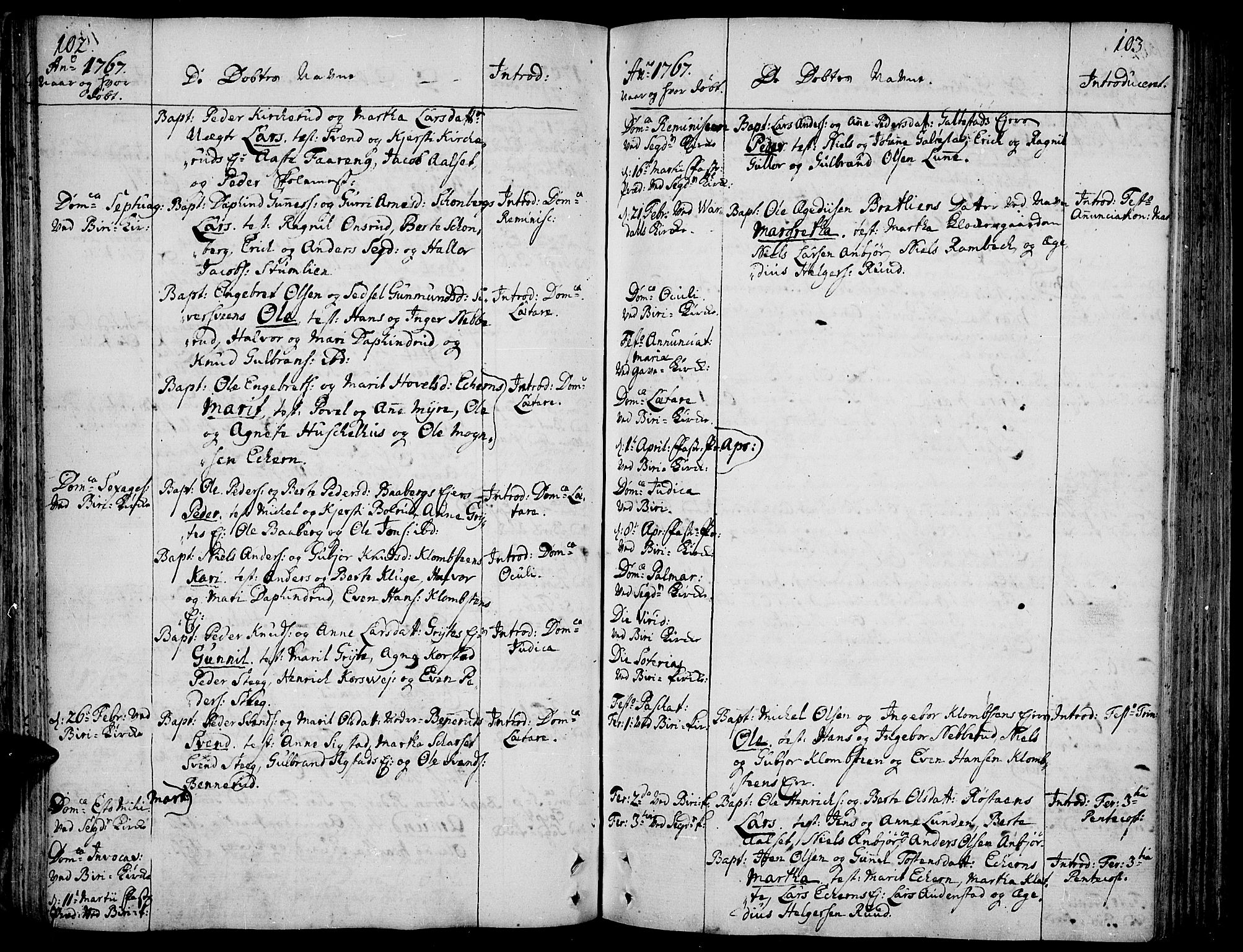 Biri prestekontor, AV/SAH-PREST-096/H/Ha/Haa/L0002: Parish register (official) no. 2, 1754-1789, p. 102-103