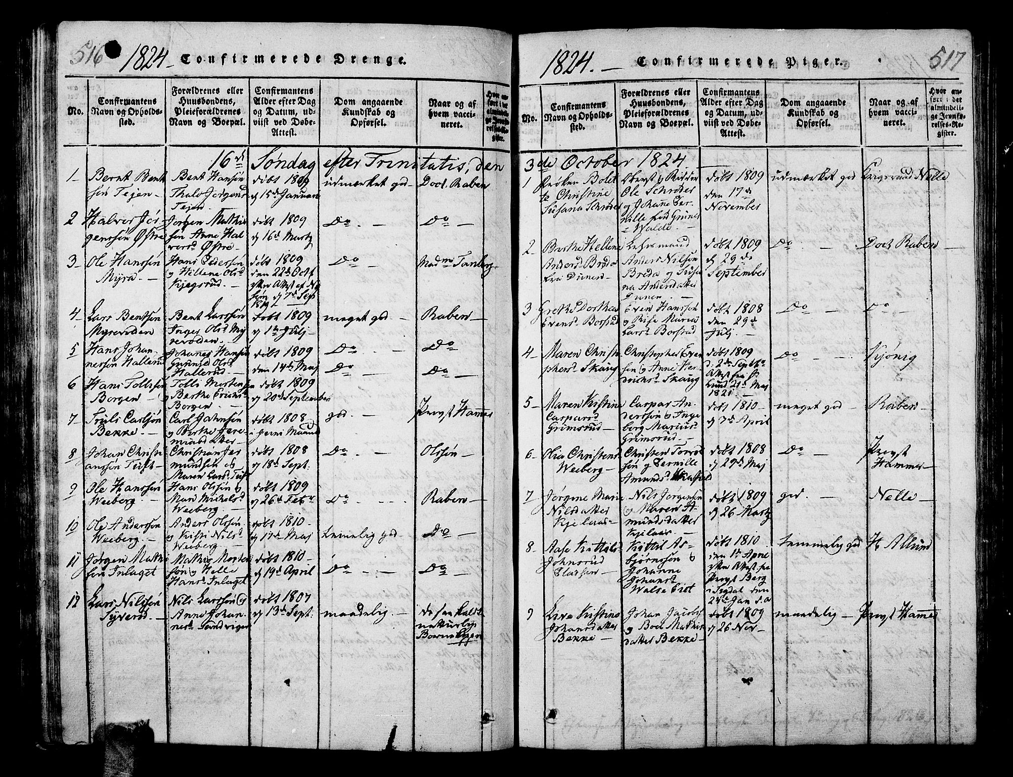 Sande Kirkebøker, SAKO/A-53/G/Ga/L0001: Parish register (copy) no. 1, 1814-1847, p. 516-517