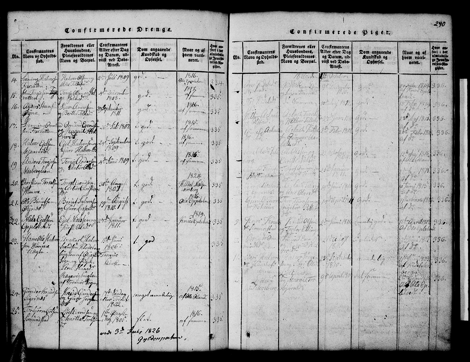 Åmli sokneprestkontor, AV/SAK-1111-0050/F/Fb/Fbc/L0001: Parish register (copy) no. B 1, 1816-1867, p. 240