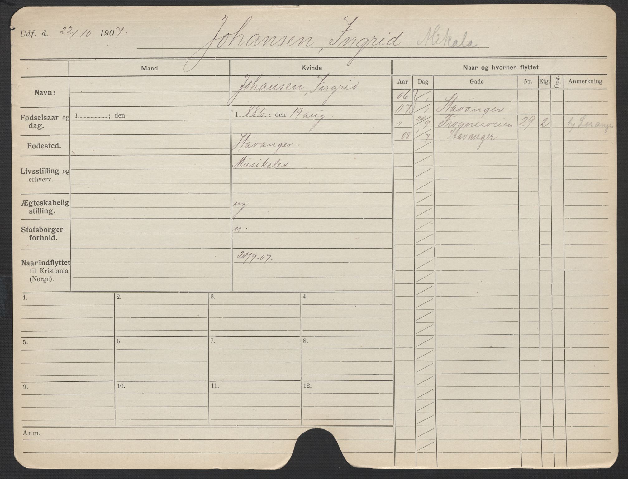 Oslo folkeregister, Registerkort, SAO/A-11715/F/Fa/Fac/L0018: Kvinner, 1906-1914, p. 105a