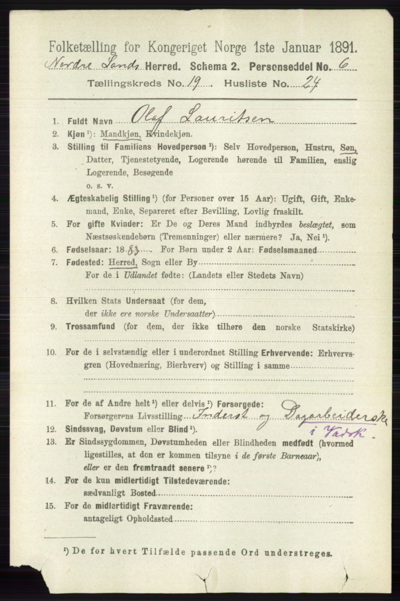 RA, 1891 census for 0538 Nordre Land, 1891, p. 4805