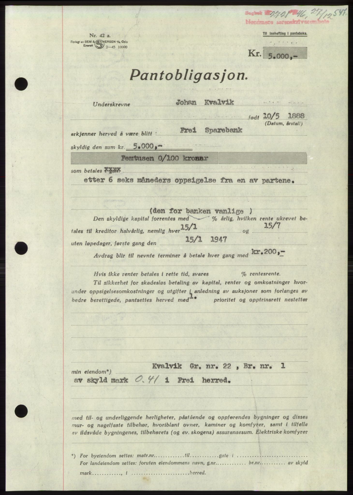 Nordmøre sorenskriveri, AV/SAT-A-4132/1/2/2Ca: Mortgage book no. B95, 1946-1947, Diary no: : 2721/1946