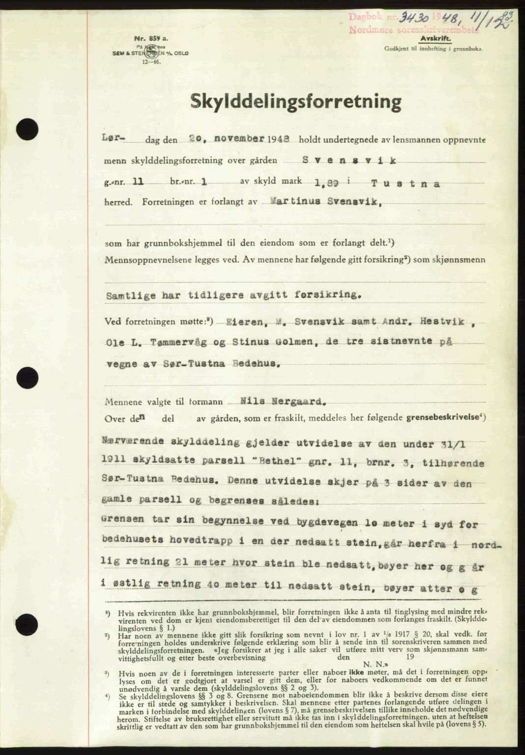 Nordmøre sorenskriveri, AV/SAT-A-4132/1/2/2Ca: Mortgage book no. A110, 1948-1949, Diary no: : 3430/1948