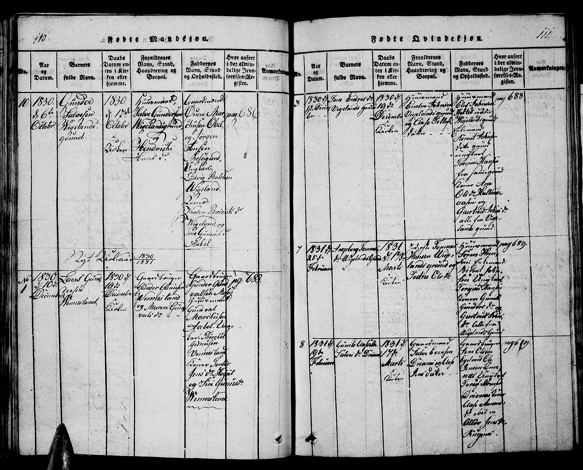 Vennesla sokneprestkontor, AV/SAK-1111-0045/Fb/Fbb/L0001: Parish register (copy) no. B 1, 1820-1834, p. 110-111