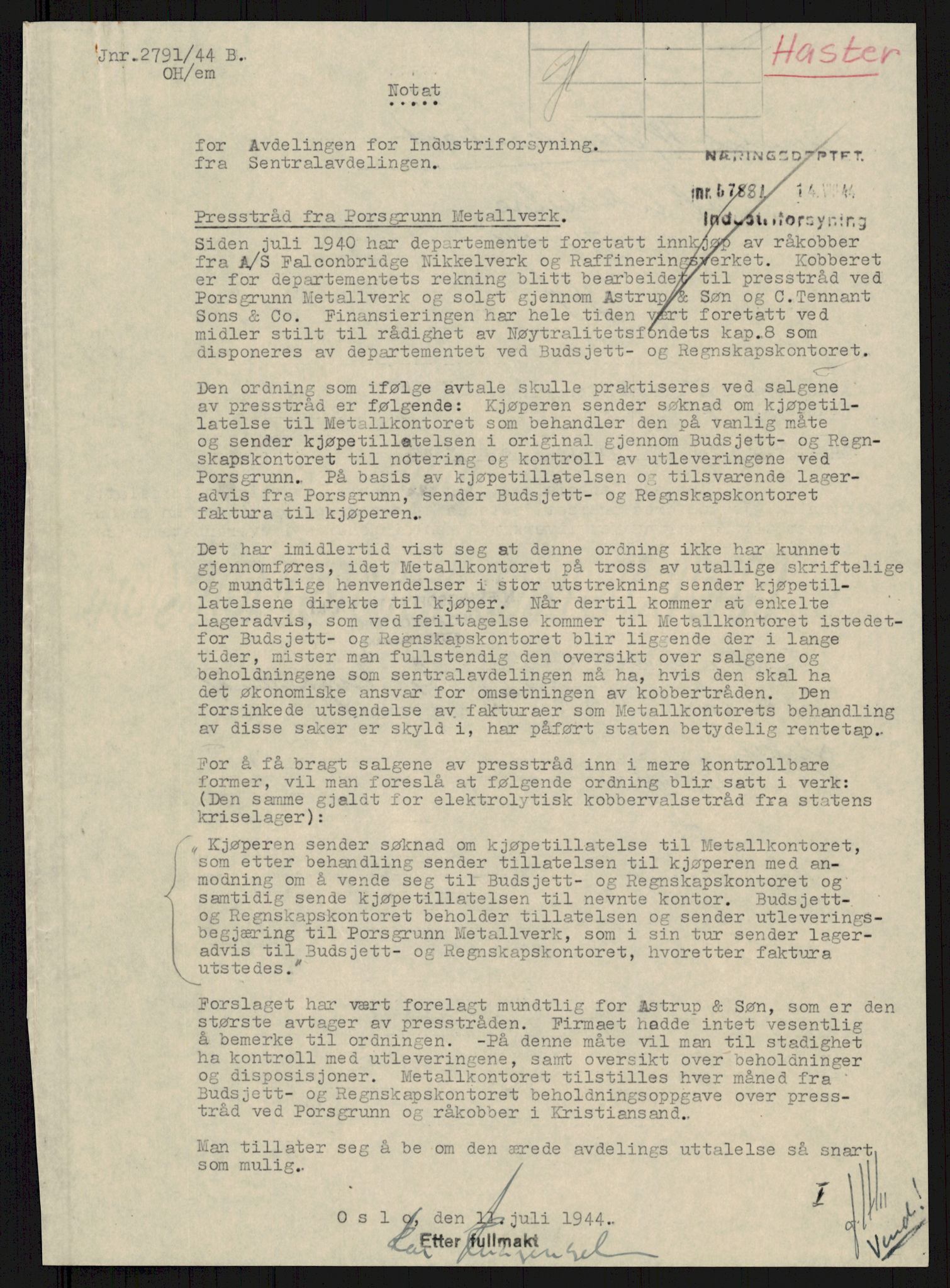 Direktoratet for industriforsyning, Sekretariatet, RA/S-4153/D/Df/L0056: 9. Metallkontoret, 1940-1945, p. 978